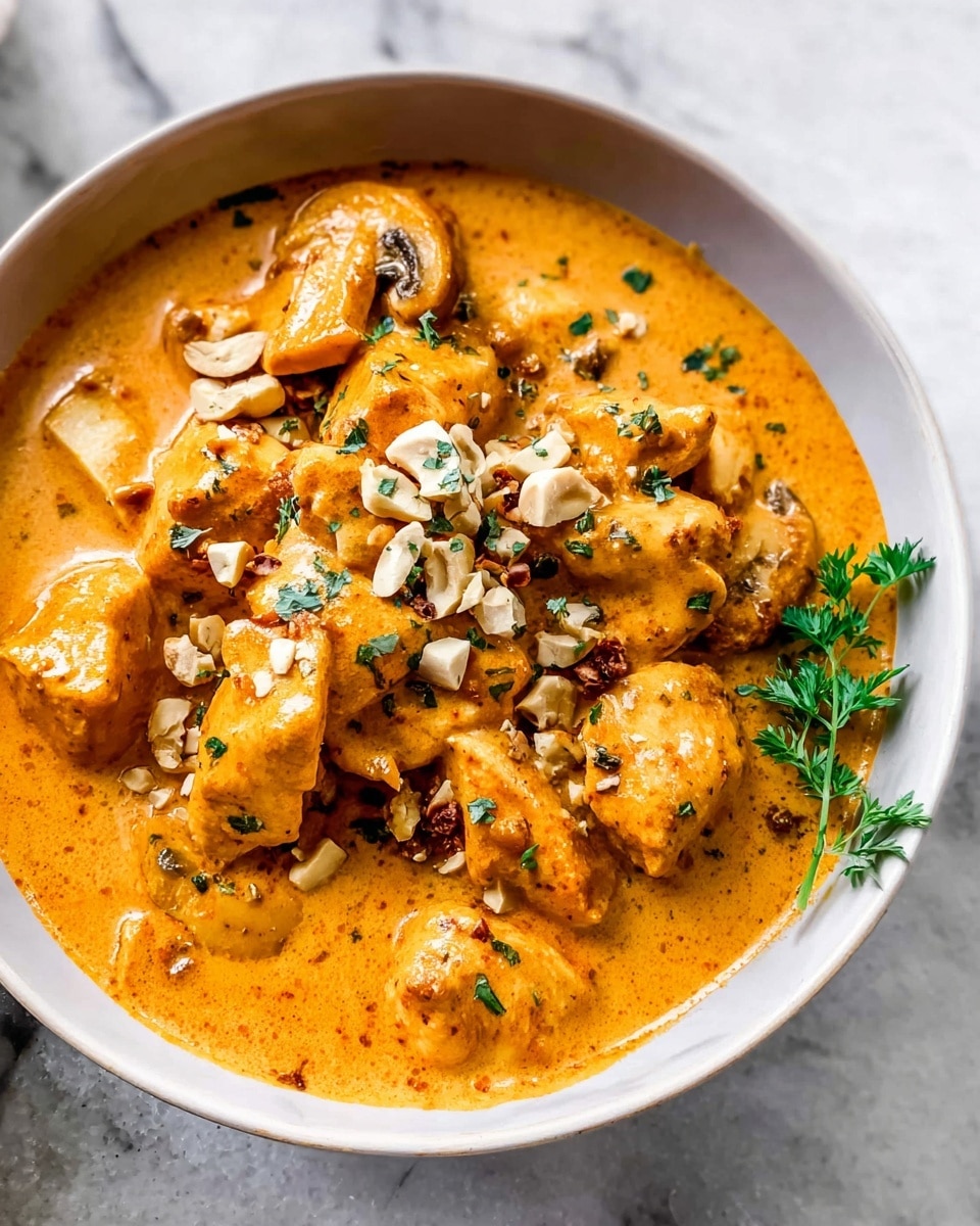 The image shows a white bowl filled with creamy orange curry sauce that spreads evenly, with medium-sized orange chicken pieces and whole or halved mushrooms mixed throughout. The chicken and mushrooms appear soft and juicy, resting in the thick sauce that has a smooth texture. The dish is topped with chopped nuts and small green herb bits scattered over the center. A small sprig of green herb lies on the right side of the bowl. The bowl is placed on a white marbled surface, and the photo is taken with an iphone --ar 4:5 --v 7