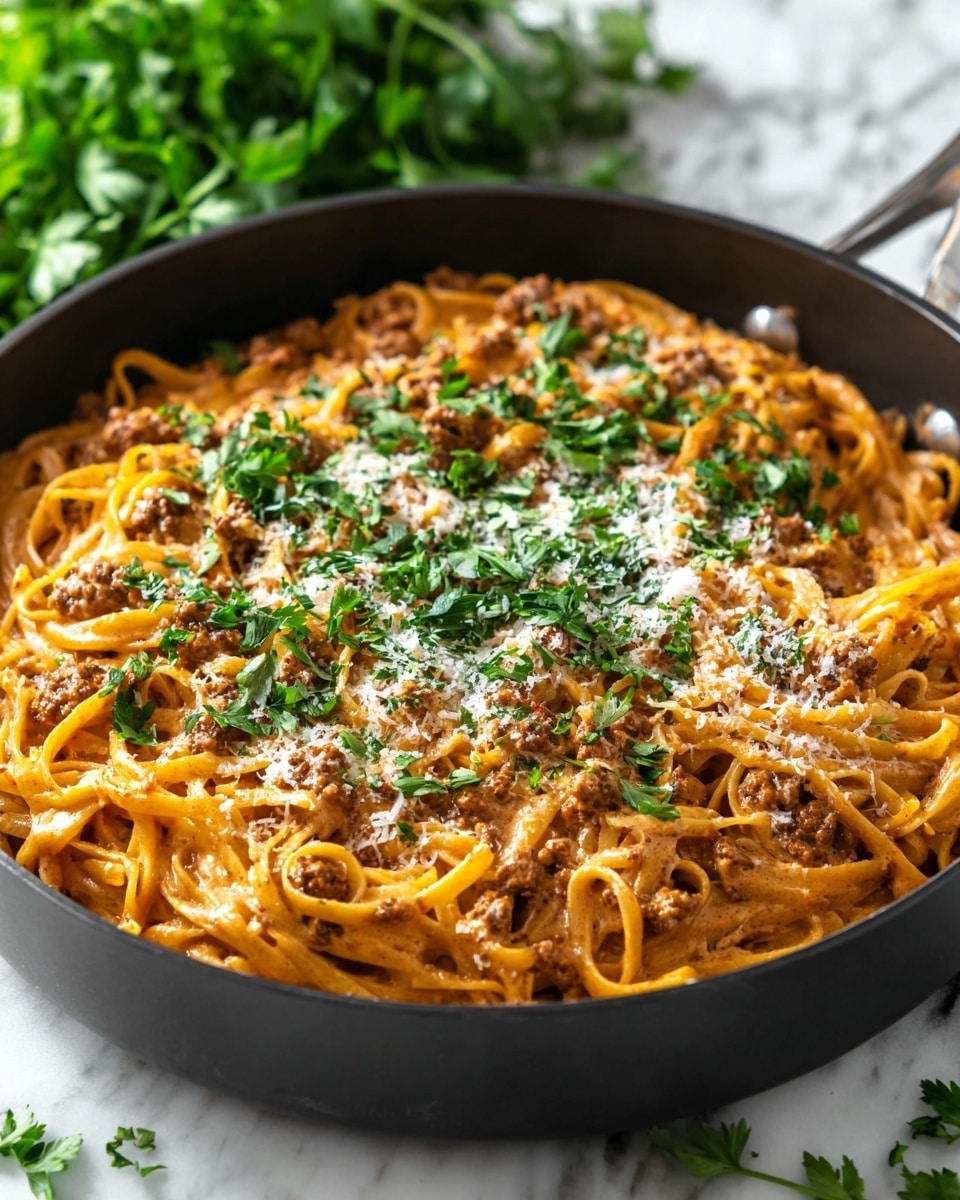 The image shows a black pan filled with creamy orange pasta made of wide noodles, swirled to form a circular layer covering the whole pan. Bright green spinach leaves are spread evenly throughout the pasta, adding contrast. Small red pieces of tomato are scattered softly on top. A light sprinkle of white grated cheese and black pepper flakes finishes the dish, giving texture and detail. The pan rests on a white marbled surface. photo taken with an iphone --ar 4:5 --v 7