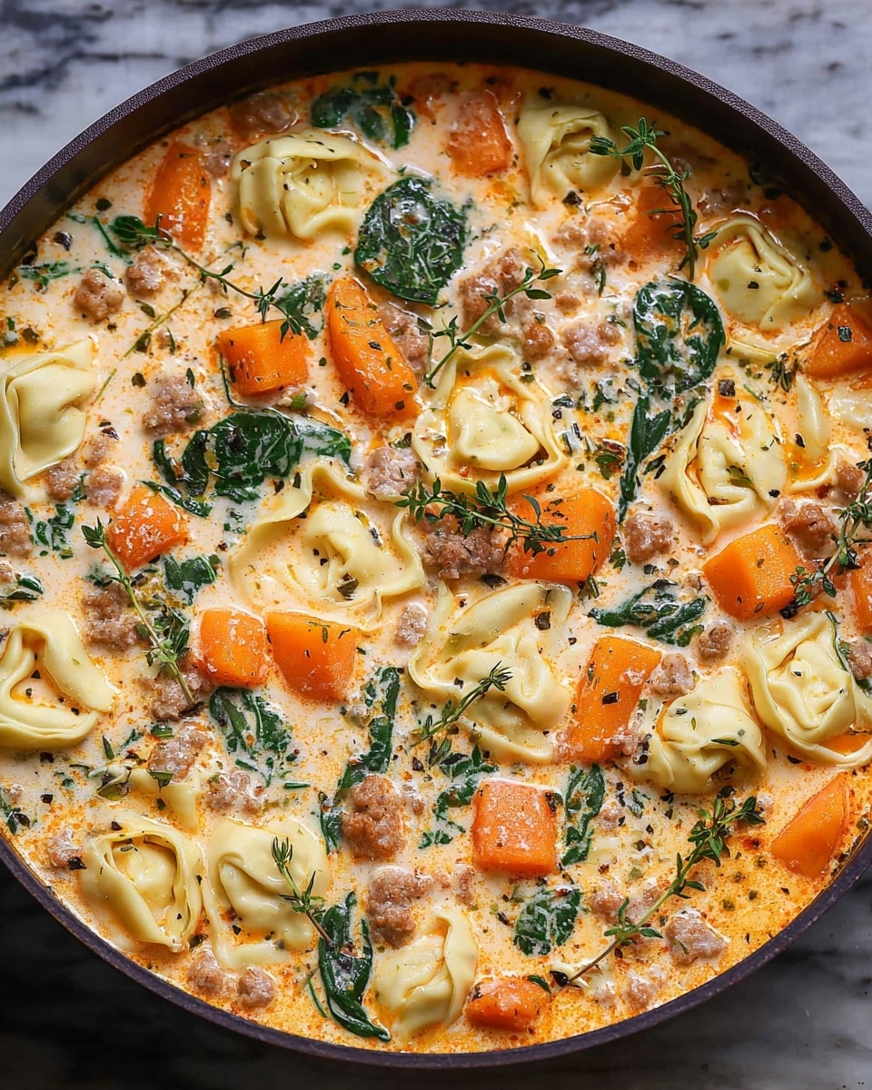 This image shows a pan filled with a creamy, light orange soup that has several layers of ingredients mixed throughout. The base is a smooth, pale orange cream with tiny specks of herbs and oil droplets on the surface. Floating in this creamy base are soft tortellini pasta pieces, pale yellow in color with a slightly wrinkled texture, evenly spread around. Bright orange chunks of what looks like squash or sweet potato are scattered throughout, adding color contrast. There are also crumbled bits of cooked sausage, light brown with a crumbly texture, and fresh, dark green spinach leaves that appear soft but intact. Small sprigs of fresh thyme with tiny green leaves are sprinkled on top, giving a fresh herbal look. All this is set inside a dark pan placed on a white marbled surface photo taken with an iphone --ar 4:5 --v 7