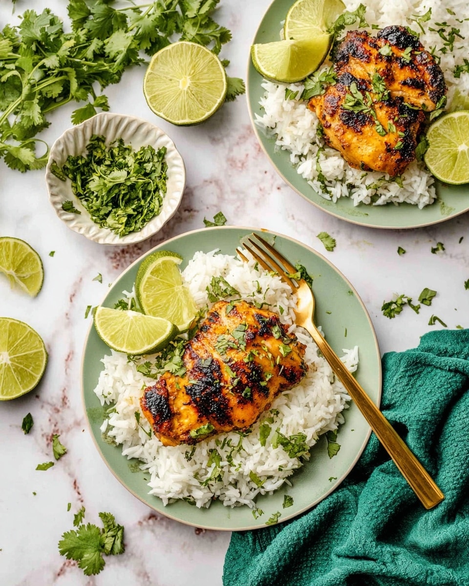The image shows two white plates each with a layer of white rice covering the bottom, topped with two grilled golden-brown chicken pieces that have dark char marks. The chicken is sprinkled with chopped green herbs and garnished with lime wedges. One plate has a gold fork resting on the rice beside the chicken. Around the plates are lime wedges, fresh green cilantro leaves, and a small white bowl holding chopped herbs and lime slices. A green cloth napkin is placed near the lower right corner on a white marbled surface. Photo taken with an iphone --ar 4:5 --v 7