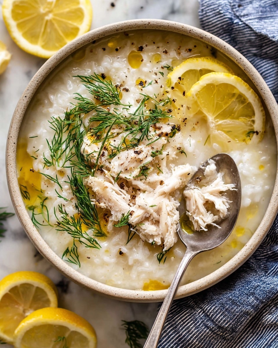 A white bowl filled with three main layers: the bottom layer is a creamy thick white porridge with a smooth texture; the middle layer has strips of light beige shredded chicken placed on top of the porridge; the top layer includes small green fresh herb sprigs scattered evenly with drops of yellow olive oil, sprinkled black pepper, and a silver spoon resting inside the bowl. The bowl is set on a white marbled surface with a half lemon wedge and a blue and white striped cloth nearby. Photo taken with an iphone --ar 4:5 --v 7