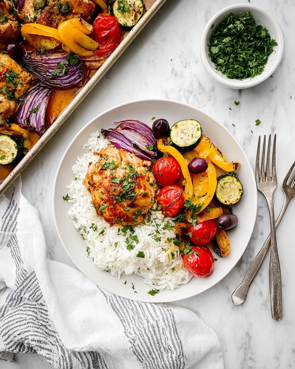 The image shows two pieces of golden-brown roasted chicken thighs as the main layer, placed on a baking tray. Surrounding the chicken are several layers of colorful roasted vegetables including bright red cherry tomatoes, thinly sliced purple onions, yellow bell pepper pieces, light green zucchini slices, and dark purple olives. White crumbled cheese bits are scattered lightly on top. Fresh green parsley leaves are sprinkled over the entire dish, adding a touch of freshness. The tray is set on a white marbled surface. photo taken with an iphone --ar 4:5 --v 7