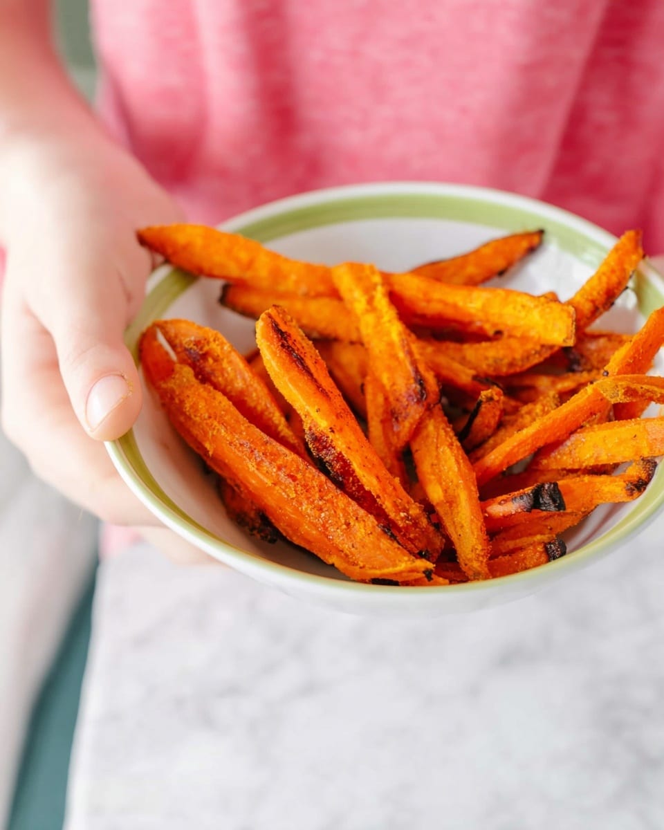 A white bowl filled with long, orange roasted sweet potato fries that have a slightly crispy texture and are sprinkled with chopped green herbs. A woman's hand is reaching from the top left corner, picking up one of the fries. The bowl is placed on a white marbled surface and there is a light blue cloth napkin above the bowl. Photo taken with an iphone --ar 4:5 --v 7
