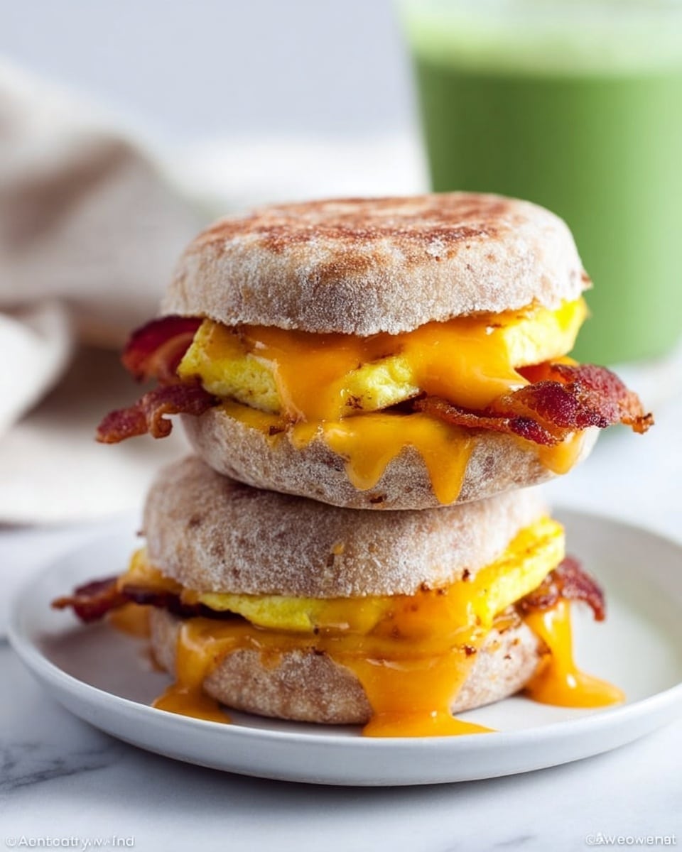 The image shows two stacked breakfast sandwiches on a white plate with a white marbled surface. Each sandwich has three layers: the top and bottom layers are a light brown English muffin with a rough, floury texture, and the middle layers contain bright yellow folded egg with orange melted cheddar cheese dripping slightly down the sides. There is also a portion of crispy reddish-brown bacon peeking out from under the melted cheese in each sandwich. In the blurred background, there is a green drink in a glass and a light-colored kitchen towel. photo taken with an iphone --ar 4:5 --v 7
