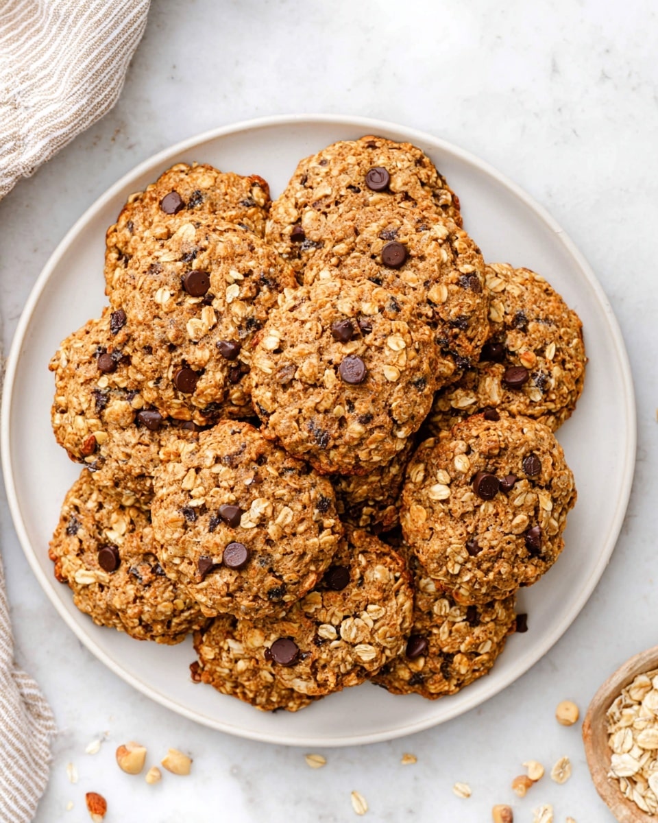 A stack of four thick oatmeal cookies with oats, walnut pieces, and dark chocolate chips is shown on a white marbled surface. The top cookie is broken in half, showing a soft and chewy texture inside with visible oats and nut bits. The cookies have a golden-brown color with a rough and chunky texture on the outside. Around the base of the stack, a whole walnut piece and a few chocolate chips are scattered. In the background, there is a light beige cloth that is softly blurred, making the cookies stand out clearly. Photo taken with an iphone --ar 4:5 --v 7