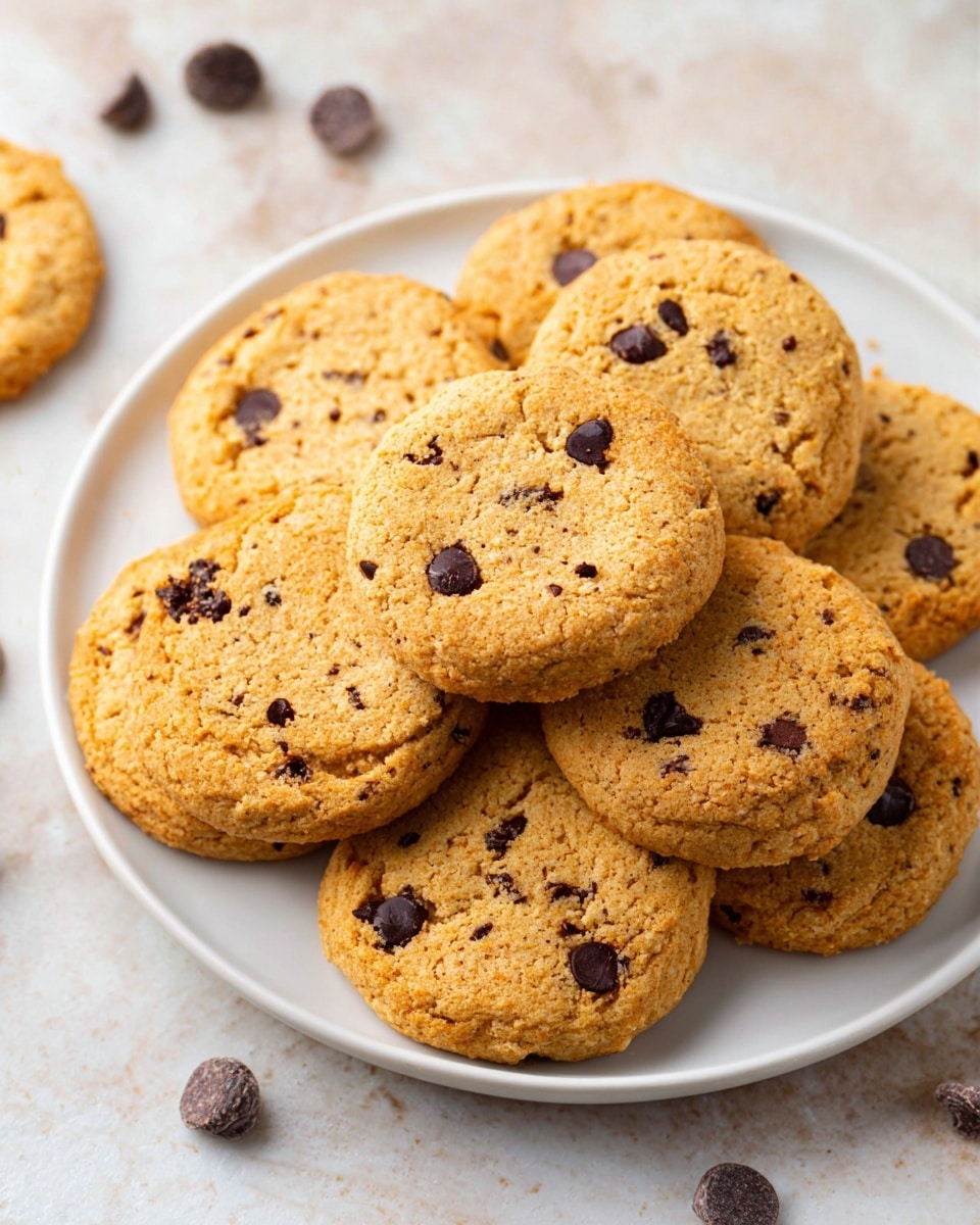 The image shows a stack of three round cookies placed on a white plate. The cookies are golden brown with a crumbly texture and visible grains, giving them a rustic look. Each cookie has a few dark chocolate chips embedded on the surface, adding contrast to the color. The top cookie is broken in half, revealing a soft but slightly coarse inside texture. Around the plate, there are scattered cookie crumbs and some small white flakes, all set on a white marbled surface. Photo taken with an iphone --ar 4:5 --v 7