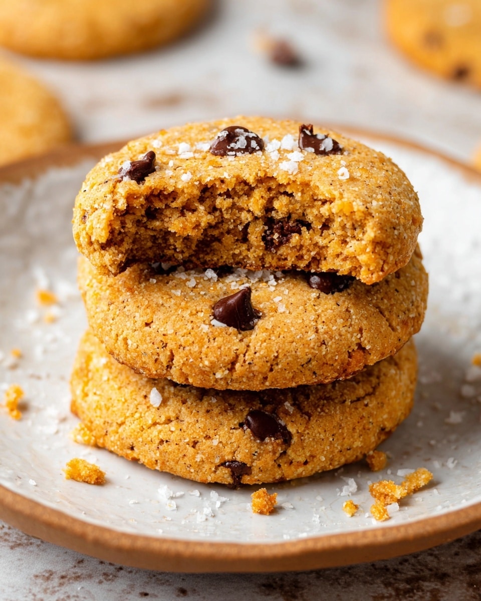 The image shows three round cookies lying on a white marbled surface, arranged closely together with one cookie slightly overlapping the other two. Each cookie has a golden-brown color with a rough, crumbly texture. Small dark chocolate chips are scattered across the surface of the cookies, embedded in the dough and slightly melted. The lighting brings out the crispy details and small cracks on the cookies' surface. Photo taken with an iphone --ar 4:5 --v 7