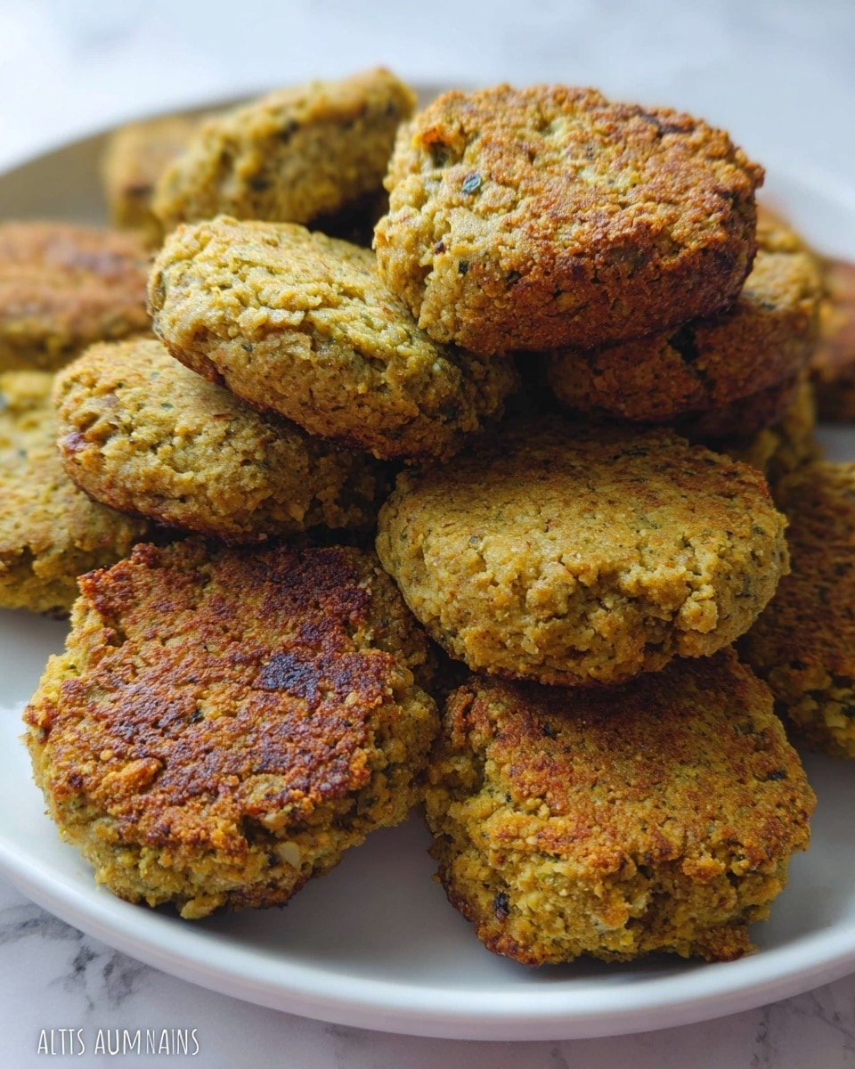 A white plate filled with a stack of round falafel patties, each with a rough, crumbly texture in shades of golden brown and green. The falafels show small bits of herbs and chickpeas visible in the crusty surface, with some edges slightly darker and crispier. The plate sits on a white marbled background, and the falafels are piled close, some overlapping others, creating a dense and hearty look. photo taken with an iphone --ar 4:5 --v 7