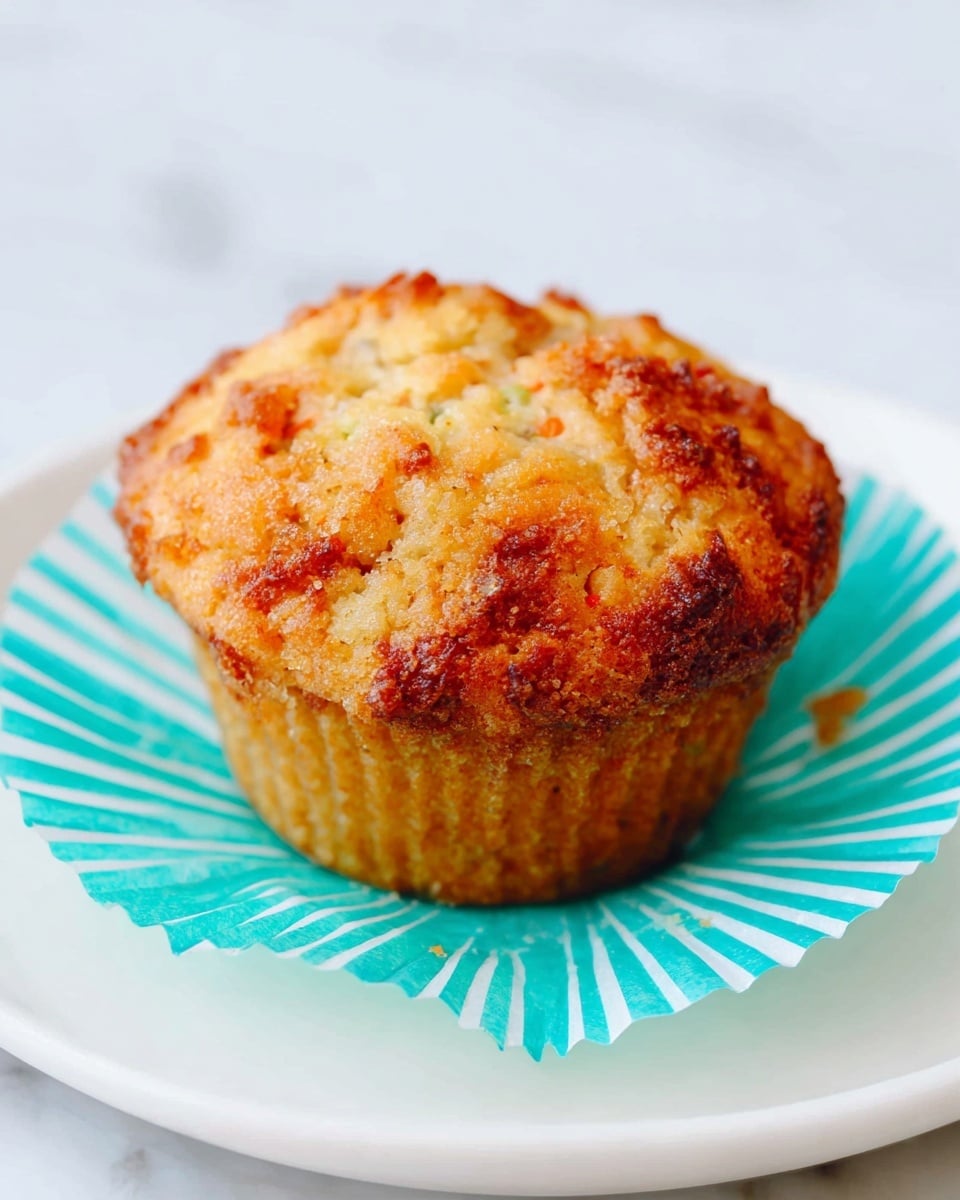 A single round muffin sits on a white plate with a turquoise cupcake liner partially peeled back beneath it. The muffin has a textured, golden-brown top with bits of orange and light green within the dough, showing a slightly rough surface with crispy edges. The muffin liner has a pattern of spikes radiating outwards in turquoise against white. The white plate is placed on a white marbled background. photo taken with an iphone --ar 4:5 --v 7