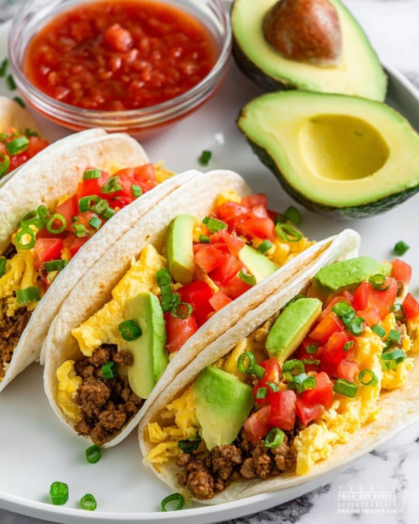 Breakfast Tacos with Sausage, Eggs, and Fresh Toppings Recipe