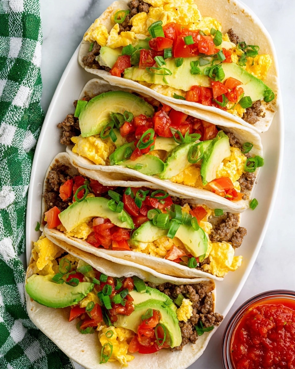 Breakfast Tacos with Sausage, Eggs, and Fresh Toppings Recipe - Recipe Image