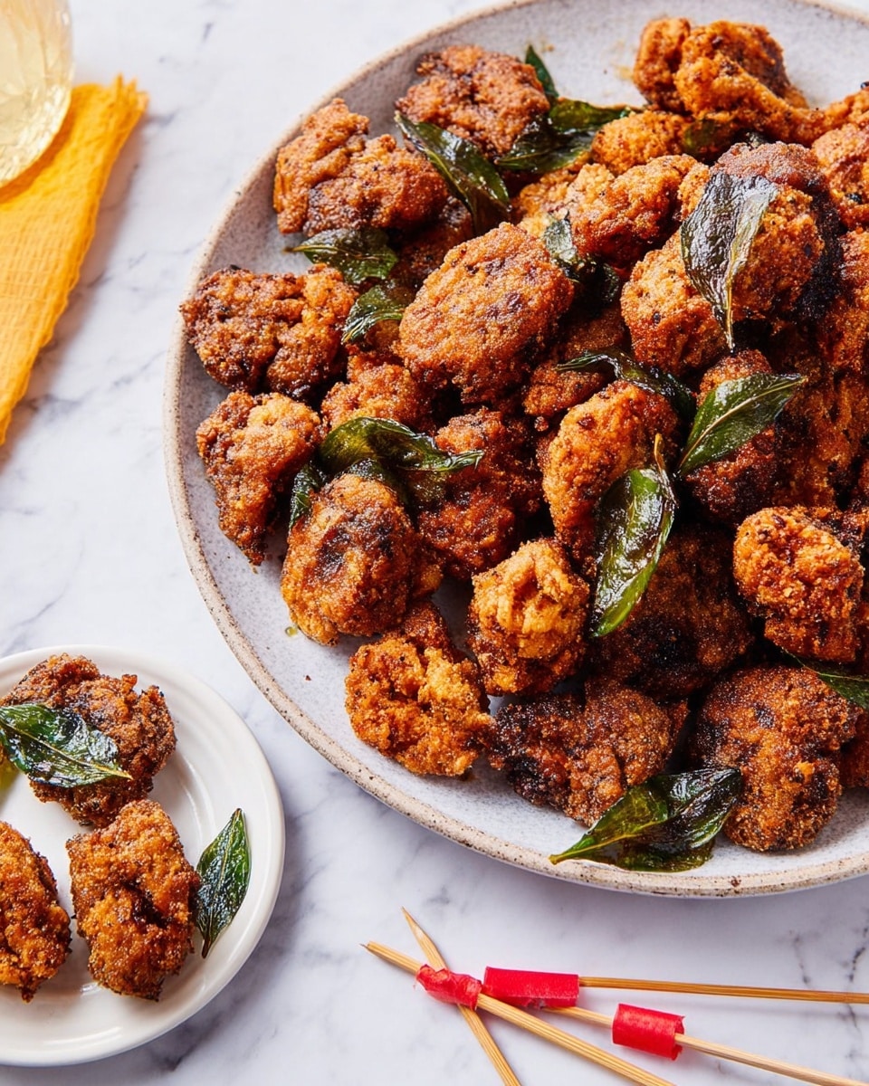 The image shows a large white plate filled with many pieces of fried food that have a rough, crunchy brown coating with some darker spices sprinkled on top. Scattered among the fried pieces are shiny green fried leaves adding contrast. In the bottom left corner, there is a smaller white plate holding three pieces of the fried food, also topped with a green leaf. Next to the smaller plate on the white marbled surface are a few thin wooden picks with red handles placed casually. The overall scene looks crispy and inviting. photo taken with an iphone --ar 4:5 --v 7