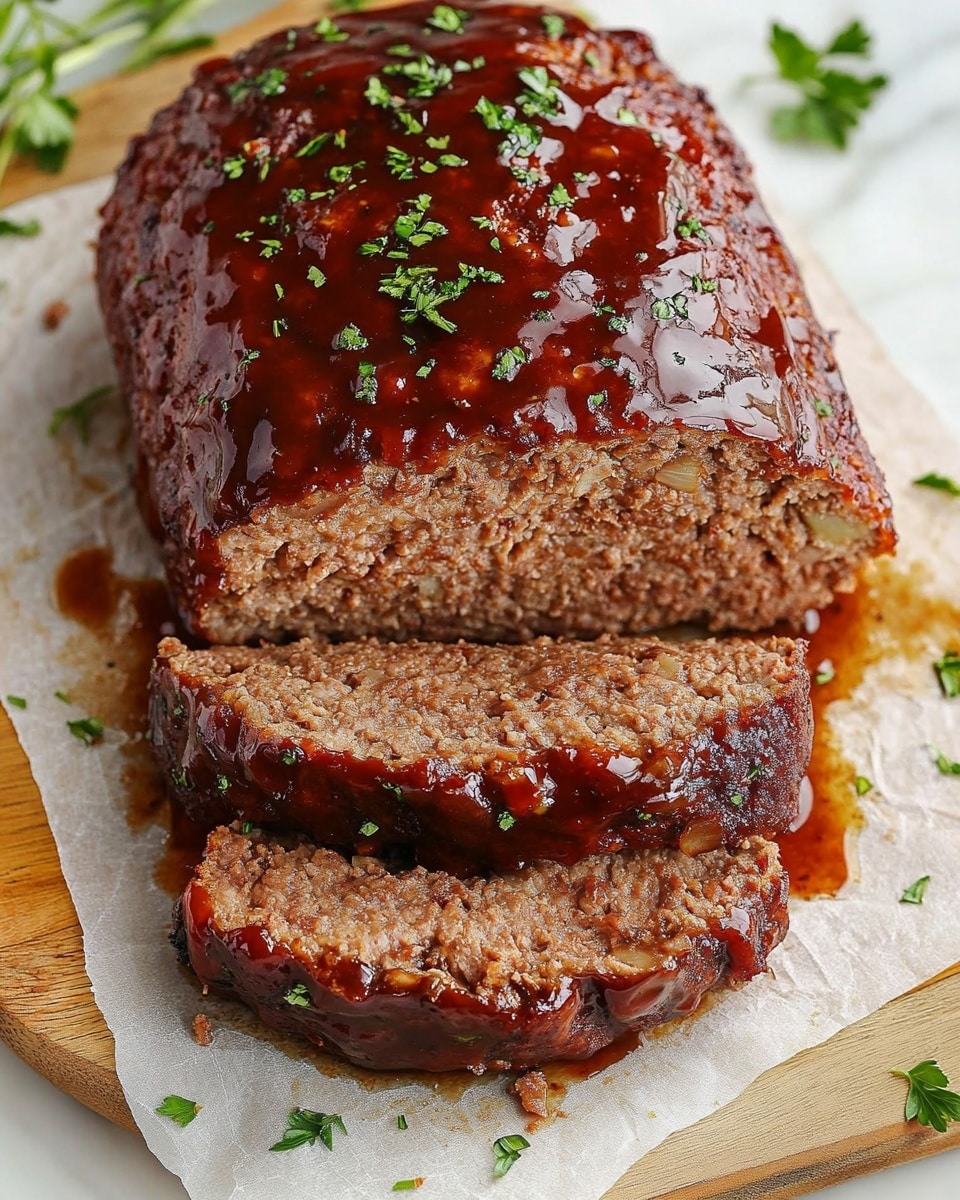 A large meatloaf sits on a piece of parchment paper on a wooden board over a white marbled surface. The meatloaf has a shiny, dark red glaze on top, with small green herb pieces sprinkled over it. Three thick slices are cut from the front, revealing a textured, cooked ground meat inside with bits of onion and seasoning visible. The glaze also coats the edges of the slices, with some herbs scattered on the surface around the meatloaf. Photo taken with an iphone --ar 4:5 --v 6.1