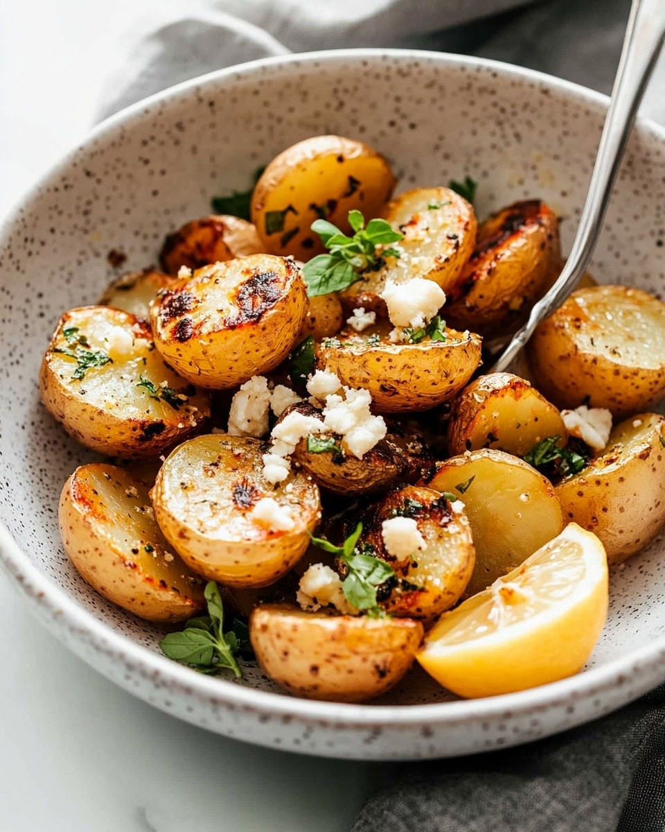 A white bowl with light brown speckles holds several golden brown roasted potato halves that show a crisp, slightly charred texture. Small green herb leaves are scattered on top along with crumbled white cheese pieces. A thin yellow lemon slice with visible seeds rests among the potatoes. A silver spoon is partially inside the bowl on the right side, resting on the potatoes. The bowl sits on a white marbled surface with a gray cloth partially visible at the bottom right corner. photo taken with an iphone --ar 4:5 --v 6.1