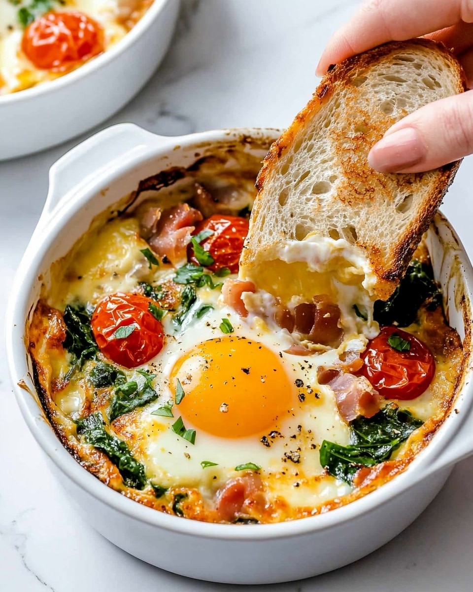 A round white dish holds a baked egg dish with two cooked eggs in the center, showing soft white edges and pale pink yolks. Surrounding the eggs are bright red cherry tomatoes with slightly wrinkled skins, fresh green spinach leaves, and chunks of orange vegetables, all mixed in a creamy, light orange sauce that fills the dish. Small pieces of diced red onion and green chopped herbs are scattered on top, adding texture and color contrast. The edges of the dish show some browned spots where the sauce has baked. The dish sits on a white marbled surface. photo taken with an iphone --ar 4:5 --v 6.1