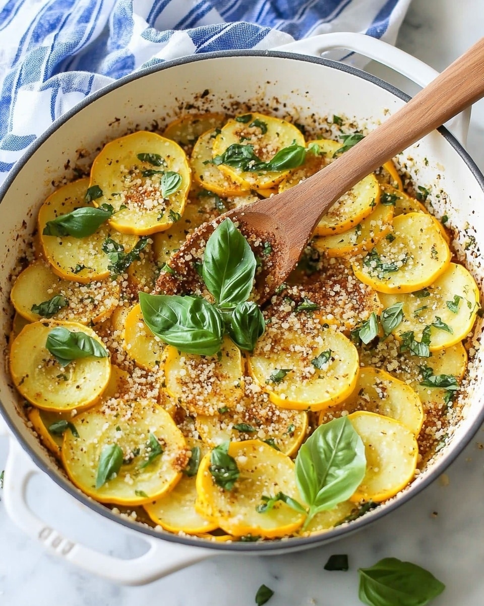 A white pan filled with thin round slices of yellow squash layered evenly across the bottom. The squash slices are topped with a crumbly light beige mixture that looks like toasted breadcrumbs or nuts, sprinkled with small green and red specks from herbs and spices. Fresh bright green basil leaves are scattered on top, adding a fresh contrast in color. A wooden slotted spoon rests inside the pan, touching the squash. The background is a white marbled surface, and a blue and white striped cloth is seen behind the pan photo taken with an iphone --ar 4:5 --v 6.1