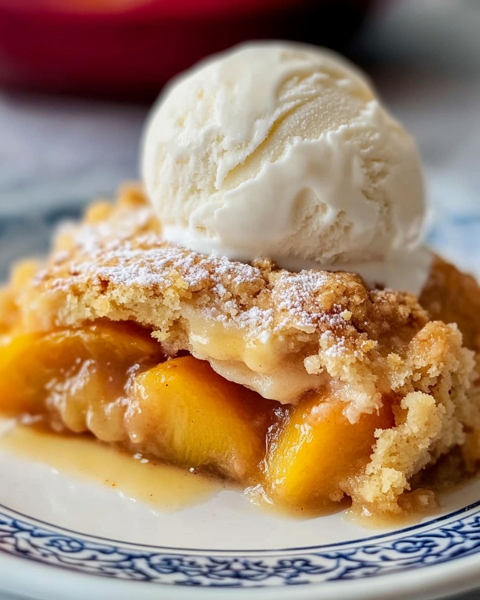 A dessert plate with two main layers is shown close up on a white marbled surface. The bottom layer is a warm golden peach cobbler with baked peach slices in bright orange-yellow color, topped with a light, crumbly crust that has hints of cinnamon brown. On top of the cobbler sits a perfect round scoop of smooth white vanilla ice cream that is starting to melt slightly, creating creamy drips around the edges onto the plate. The plate underneath is white with blue intricate patterns. The background has soft blurred colors, including a red object, adding depth to the scene. Photo taken with an iphone --ar 4:5 --v 6.1