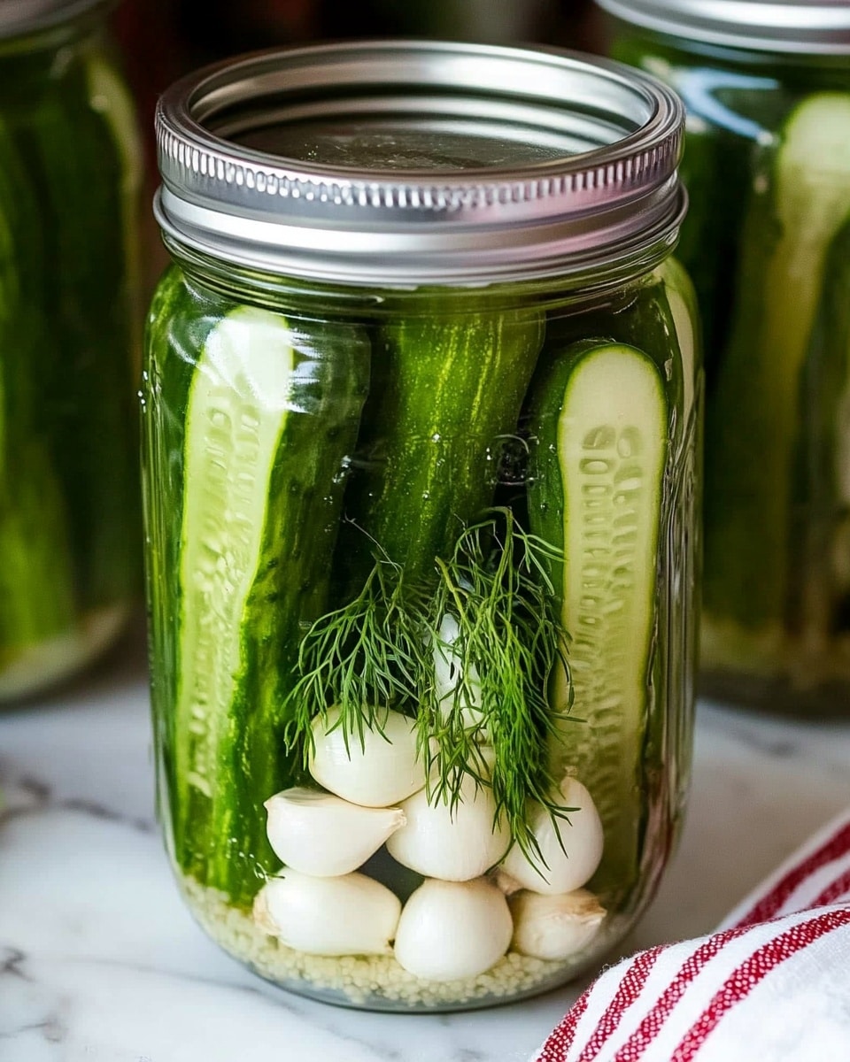 The image shows a clear glass jar filled with large, green cucumber spears placed vertically along the sides. Inside the jar, at the bottom, there are several whole white garlic cloves. Nestled in the middle is a cluster of fresh green dill flowers and stems, adding a delicate texture and color contrast. The jar is sealed with a silver metal lid and sits on a white marbled surface with a white and red striped cloth underneath. Other similar jars filled with the same ingredients are visible in the background. photo taken with an iphone --ar 4:5 --v 6.1