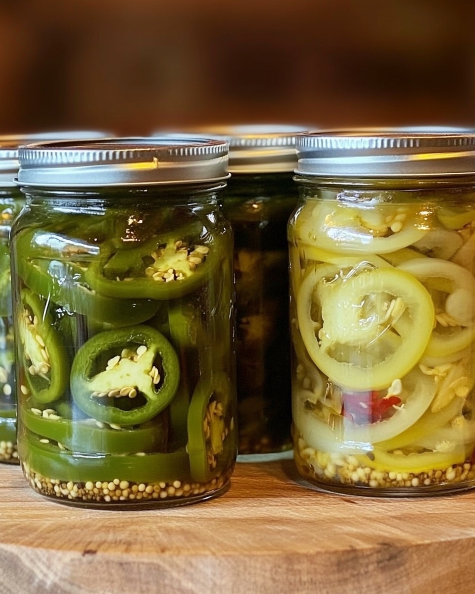 Three glass jars filled with sliced pickled vegetables sit on a wooden surface with a brown blurred background. The jar on the left contains green jalapeño slices with small white seeds suspended in clear brine, tightly packed and visible from top to bottom, sealed with a white lid. The middle jar is darker, filled with green jalapeño slices in a darker liquid, sealed with a silver lid. The jar on the right holds light green slices of what looks like yellow chili peppers along with some red chili pieces, floating in clear brine, sealed with a gold lid. All jars show the texture of the vegetables clearly through the glass and are close together, casting soft reflections on the wood. photo taken with an iphone --ar 4:5 --v 6.1