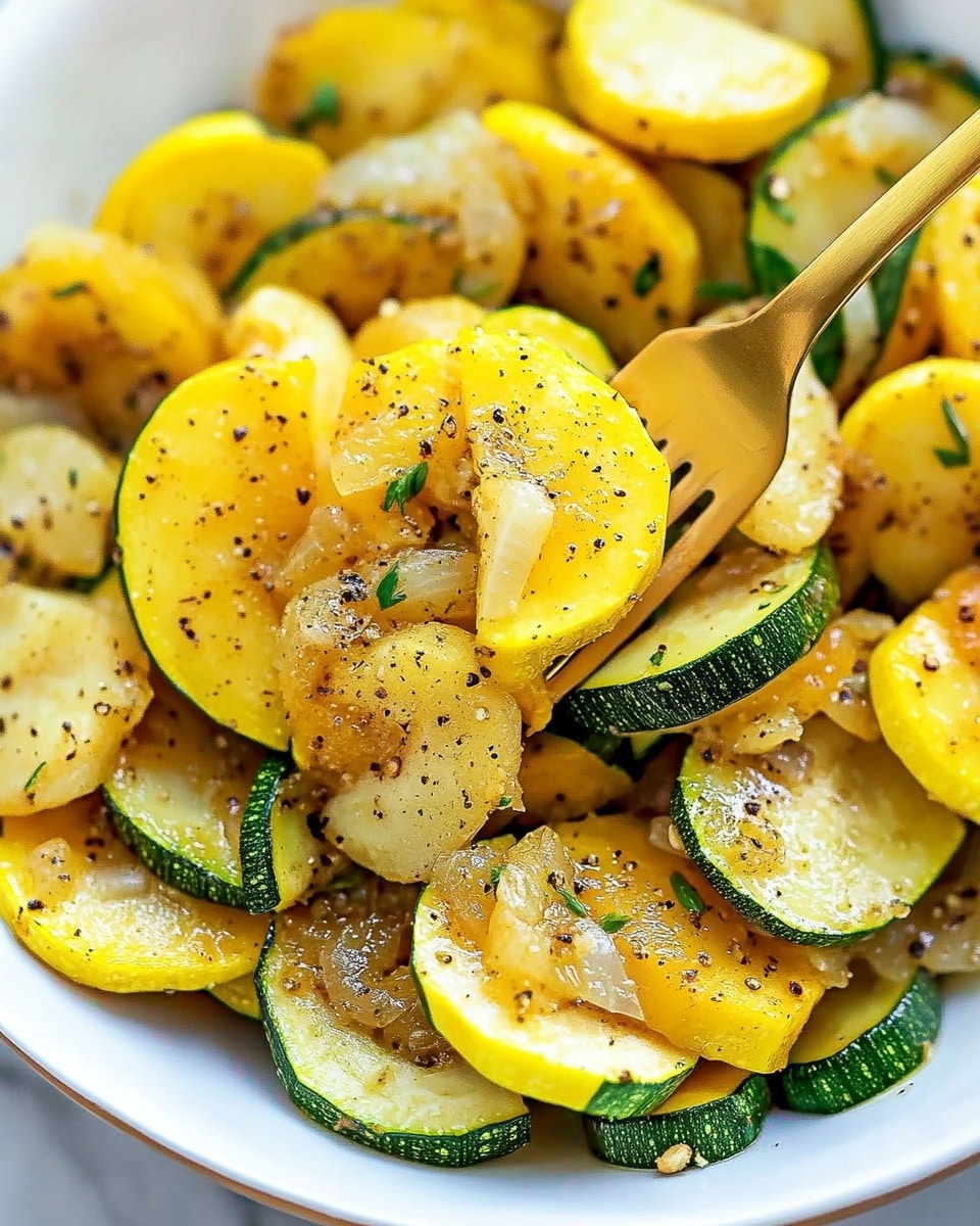 The image shows a white pan filled with cooked vegetable slices, mainly yellow squash and green zucchini, both cut into half-moon shapes. The vegetables are mixed with small bits of cooked onion or garlic, and they are lightly seasoned with small black pepper specks and herbs that add texture. A light blue spatula is lifting some of the vegetables, showing their tender, slightly shiny surface. The background has a white marbled texture. photo taken with an iphone --ar 4:5 --v 6.1