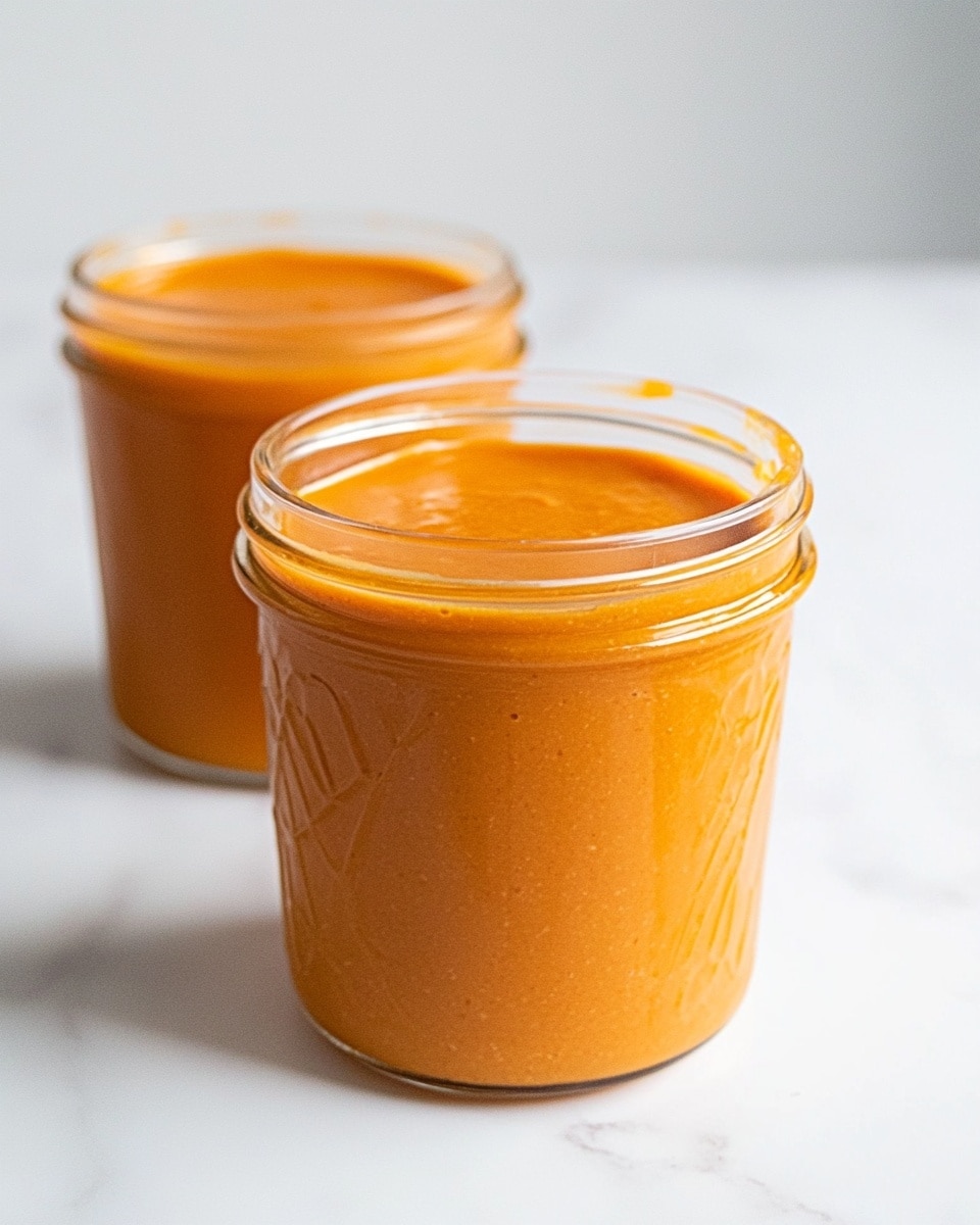 Two clear glass jars filled with smooth, orange sauce are placed on a white marbled surface. The jars have wide mouths and rounded edges, with the sauce neatly filled close to the top. The front jar is slightly larger in focus, showing the texture of the sauce which appears thick and creamy, while the second jar sits slightly behind and to the right, slightly blurred. The background is a clean white marbled texture, giving a fresh and simple look. photo taken with an iphone --ar 4:5 --v 6.1