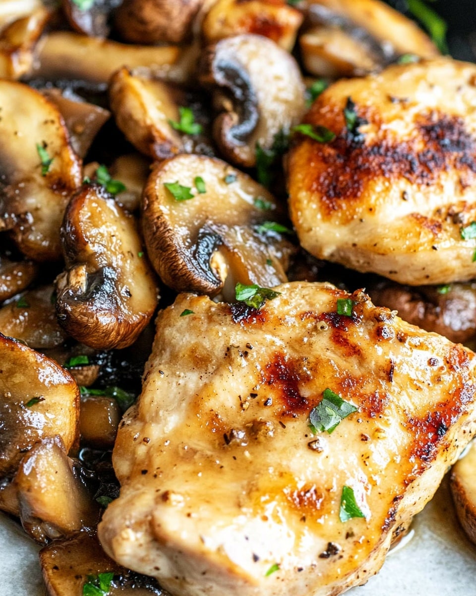 The image shows a black iron skillet filled with four golden brown cooked chicken pieces, each topped with slices of cooked mushrooms that have a rich brown color. The chicken pieces are juicy with a slight crisp on the edges, scattered among a good layer of mushrooms that look soft and savory. The skillet rests on a soft striped cloth, with a white marbled textured surface underneath. The overall look is warm and inviting with a mix of light golden, dark brown, and subtle green herb specks. photo taken with an iphone --ar 4:5 --v 6.1