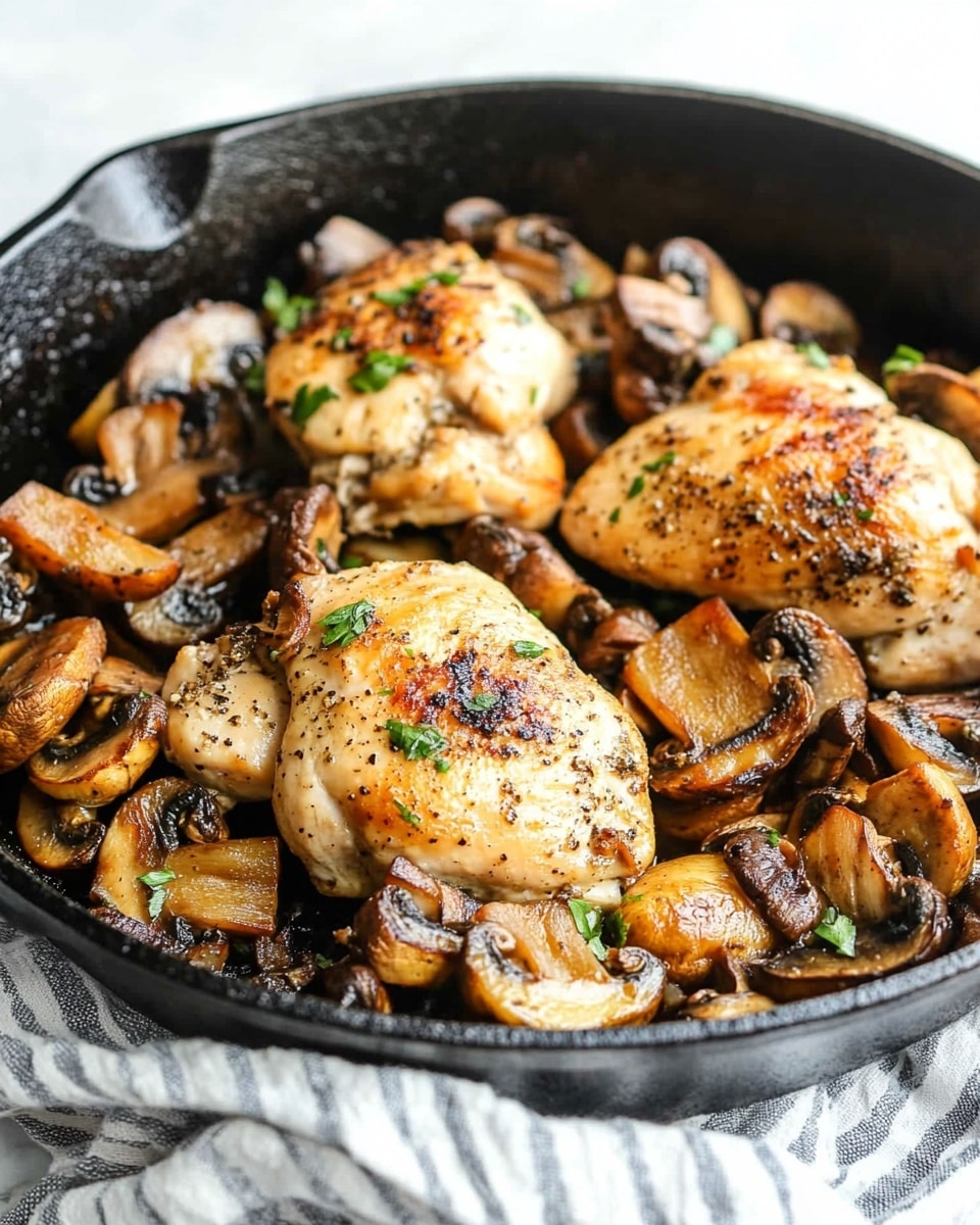 The image shows a close-up of a cooked dish with grilled chicken slices on the bottom layer, light golden brown with a slightly crispy texture and some char marks. On top, there is a layer of sautéed mushrooms, dark brown with a glossy, slightly moist look, scattered unevenly around the chicken. Small bits of green herbs are sprinkled over the entire dish, adding bright spots of color. The background is a white marbled surface. photo taken with an iphone --ar 4:5 --v 6.1