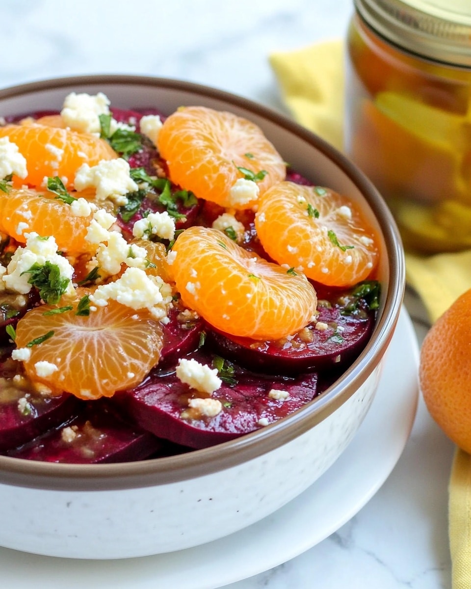 A white plate holds a vibrant salad with two main layers. The bottom layer consists of deep red, round beet slices evenly spread to cover the plate. On top, bright orange mandarin slices contrast with the beets, scattered across the salad. Small green herb leaves and bits of blue cheese with a crumbly texture are sprinkled over the dish. Glossy brown walnut halves are placed evenly, adding a crunchy look. Thin slices of red onion add a slight purple color, all set on a white marbled surface. photo taken with an iphone --ar 4:5 --v 6.1