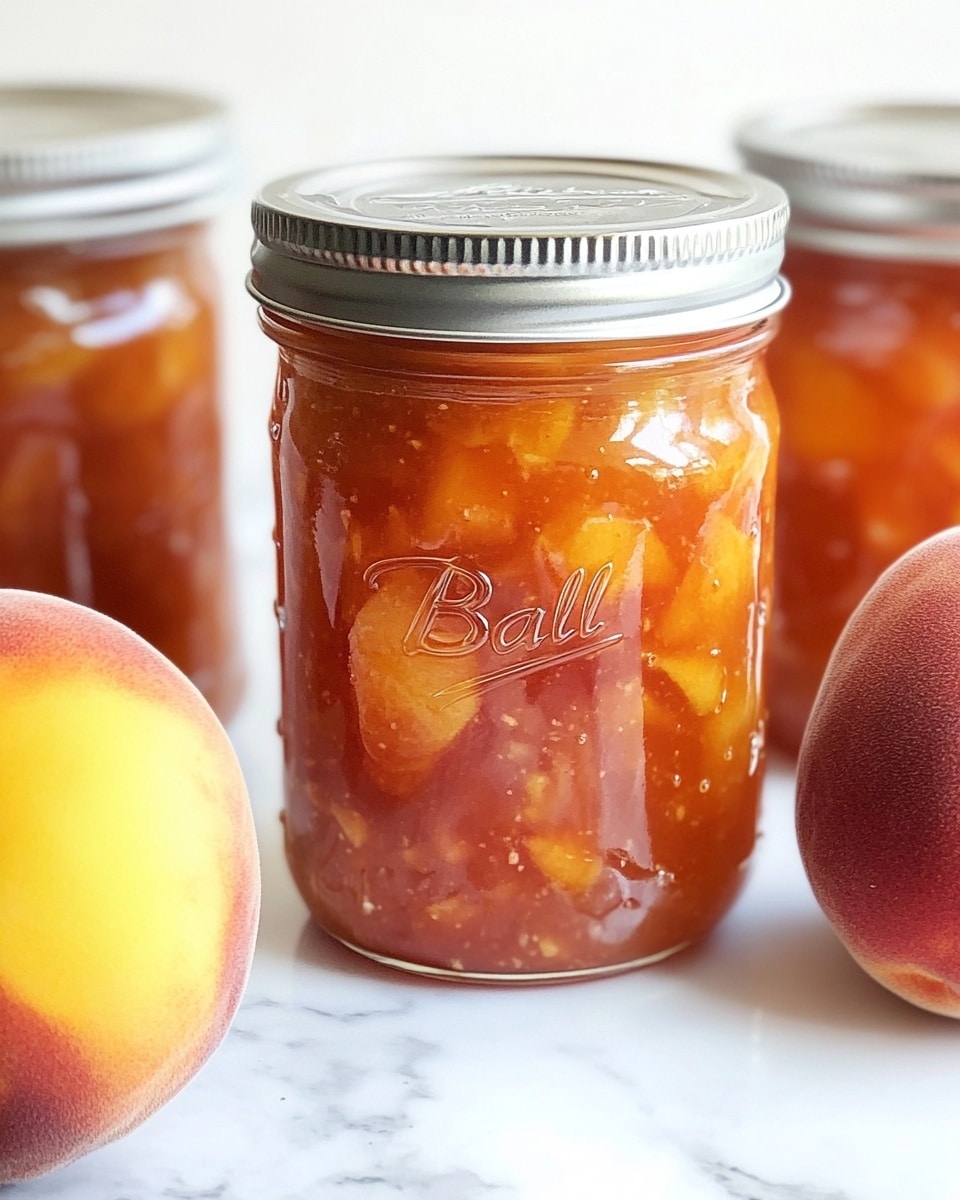A close-up view of a glass jar filled with shiny, chunky reddish-orange jam with visible fruit pieces and a thick texture. A gold spoon dips into the jam, lifting a scoop showing the mix of smooth and chunky layers inside. The jar sits on a white marbled surface with soft natural light highlighting the jam’s glossy and sticky appearance. Photo taken with an iphone --ar 4:5 --v 6.1