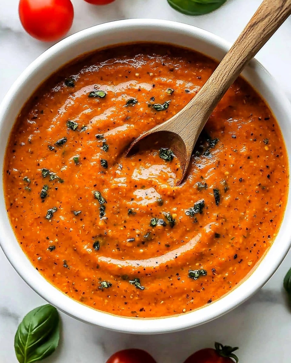 A white bowl filled with a thick, bright orange sauce mixed with small green and black herb pieces, giving it a textured look. A wooden spoon is dipped into the sauce, swirling it gently to show its smooth but slightly chunky consistency. Around the bowl on a white marbled surface, there are fresh red tomatoes and green basil leaves, adding a fresh and colorful touch to the scene. photo taken with an iphone --ar 4:5 --v 6.1