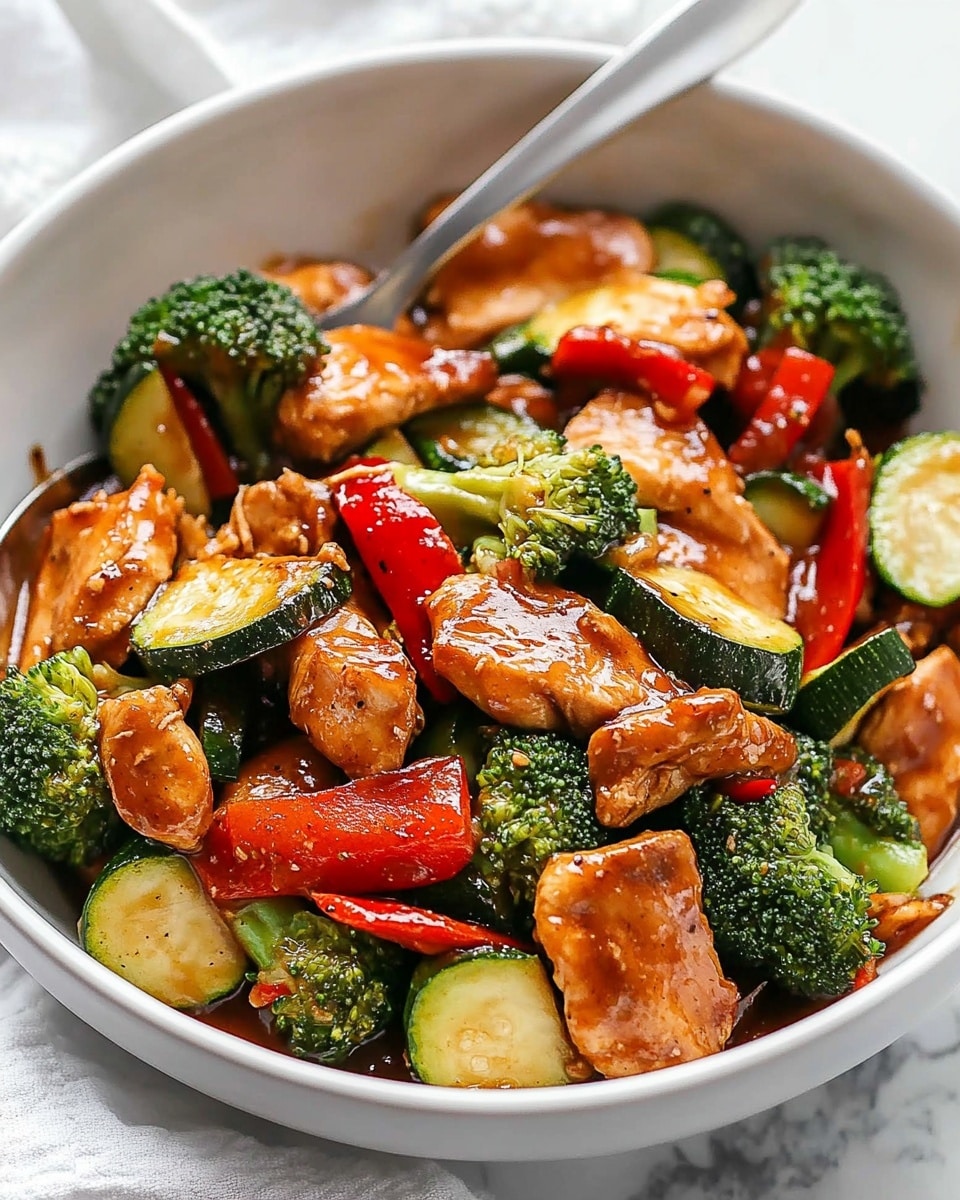 A white bowl holds a colorful stir-fry with around three layers of ingredients: bright green broccoli florets, dark green sliced zucchini, red bell pepper pieces, and dark brown chunks of cooked meat. The vegetables and meat are coated with a shiny sauce that gives them a glossy look and visible seasoning specks. A silver fork rests inside the bowl, slightly buried under the food. The bowl sits on a white marbled surface, adding a calm background contrast. photo taken with an iphone --ar 4:5 --v 6.1