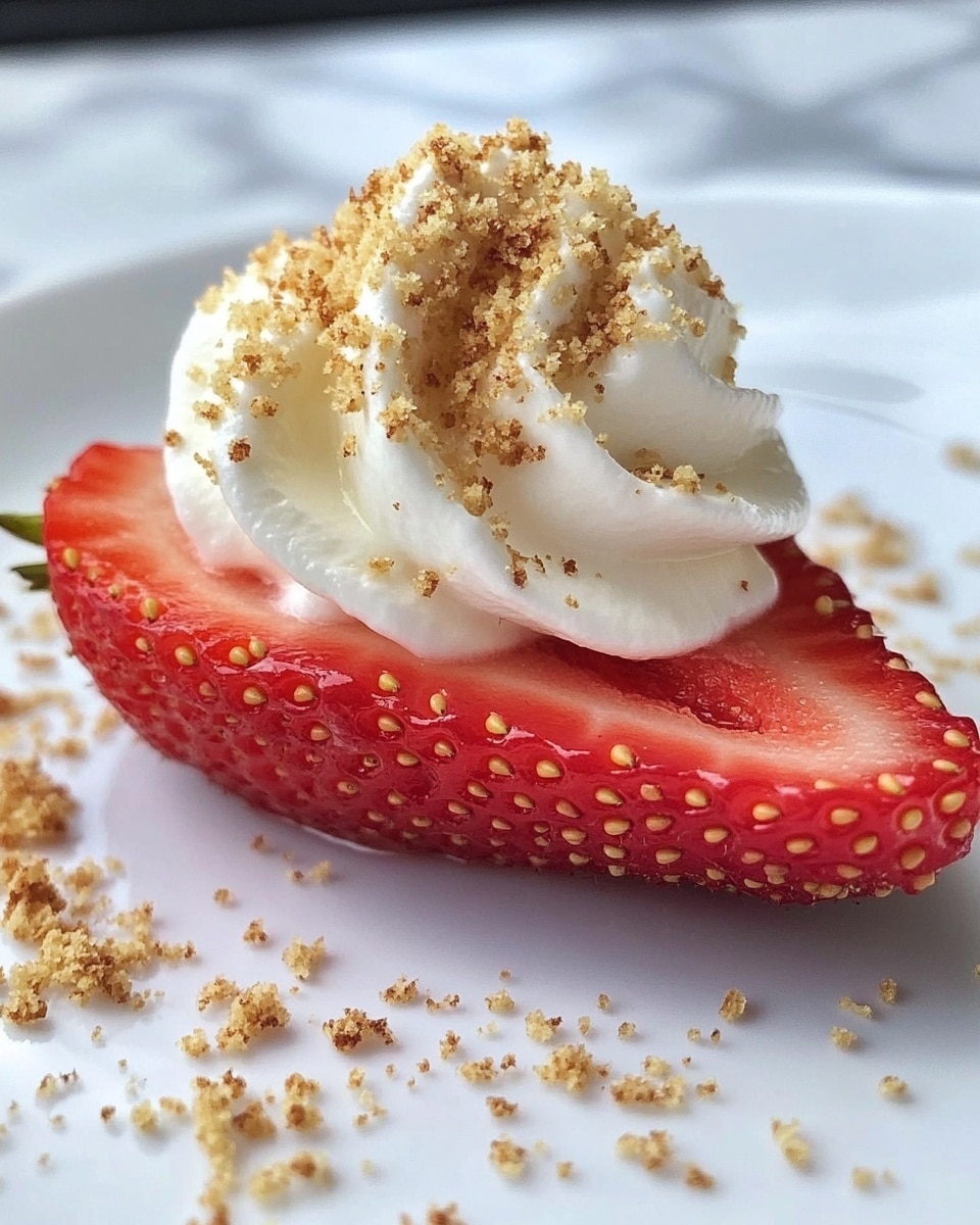 A close-up of a single large red strawberry half placed on a white plate, topped with a swirl of white cream, sprinkled with light brown crumbs both on the cream and the plate. The strawberry has visible seeds and a juicy texture. The plate is set on a white marbled surface. photo taken with an iphone --ar 4:5 --v 6.1
