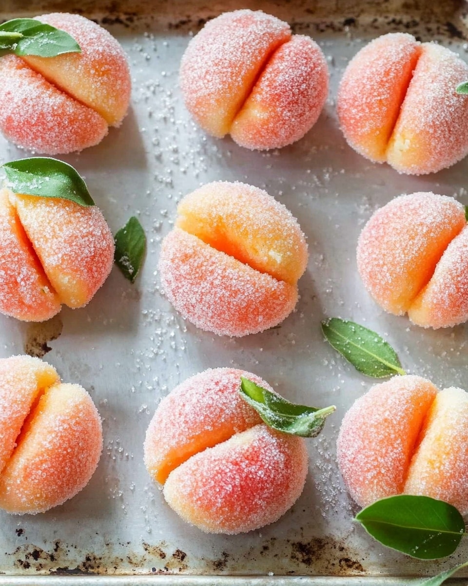 Small round peach-shaped desserts are shown on a metal tray. Each dessert has two halves with a light orange bottom and a pink-red top, covered in sugar crystals that give a rough texture. The two halves are placed together with a creamy pale filling visible in the middle layer. Some desserts have two small green leaves on top, adding a fresh look. The metal tray has a slightly worn and shiny surface with water droplets. The background is a white marbled texture. Photo taken with an iphone --ar 4:5 --v 6.1
