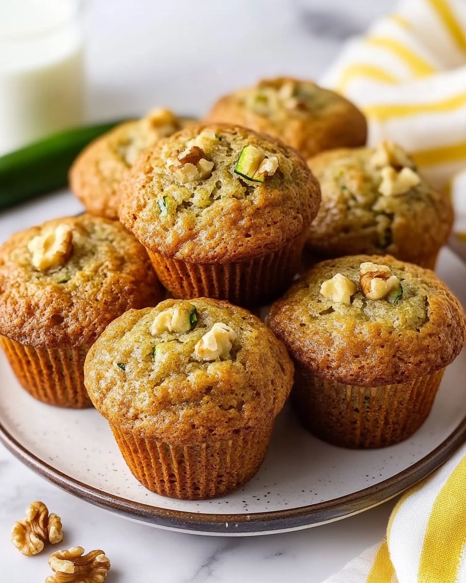 The image shows six golden brown muffins with a slightly rough texture, held together in a group on a white plate with a thin dark rim. Each muffin has visible bits of green zucchini and small chunks of light-colored walnuts embedded in the surface. The muffins have rounded tops with a slightly cracked look, showing the moist inside. Around the plate, there are a few walnut pieces scattered on a white marbled surface, and a blurred glass of milk appears in the background on the left side. A striped yellow and white cloth is draped softly in the background on the right side. Photo taken with an iphone --ar 4:5 --v 6.1