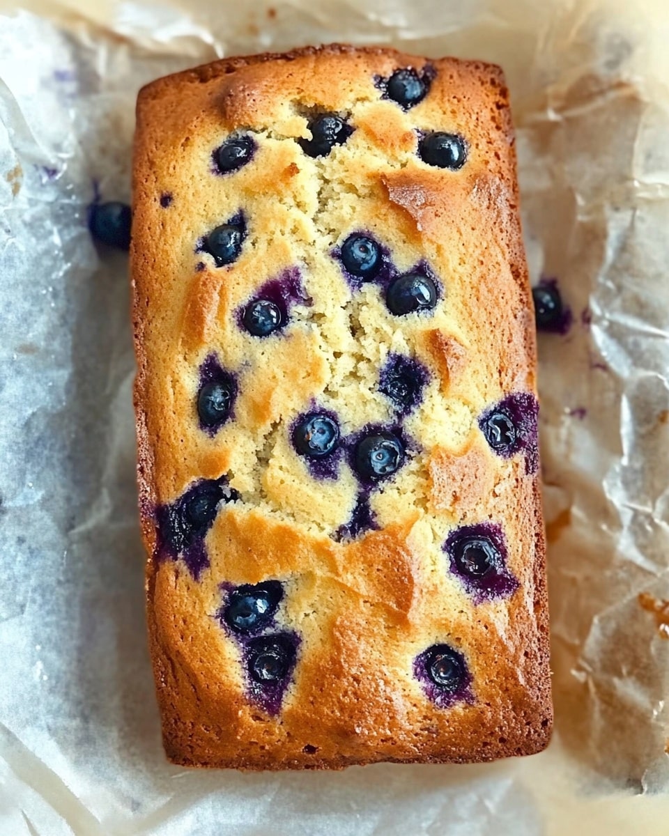 A loaf of golden brown blueberry cake with a cracked top showing a light, soft inside. The cake is filled with whole blueberries that show through the surface and inside cracks. It is placed on a piece of white parchment paper resting on a white marbled surface decorated with a cloth that has a pattern of yellow lemons and dark blue leaves. Some fresh blueberries and a lemon are scattered around the cloth, adding bright and natural color to the scene. photo taken with an iphone --ar 4:5 --v 6.1