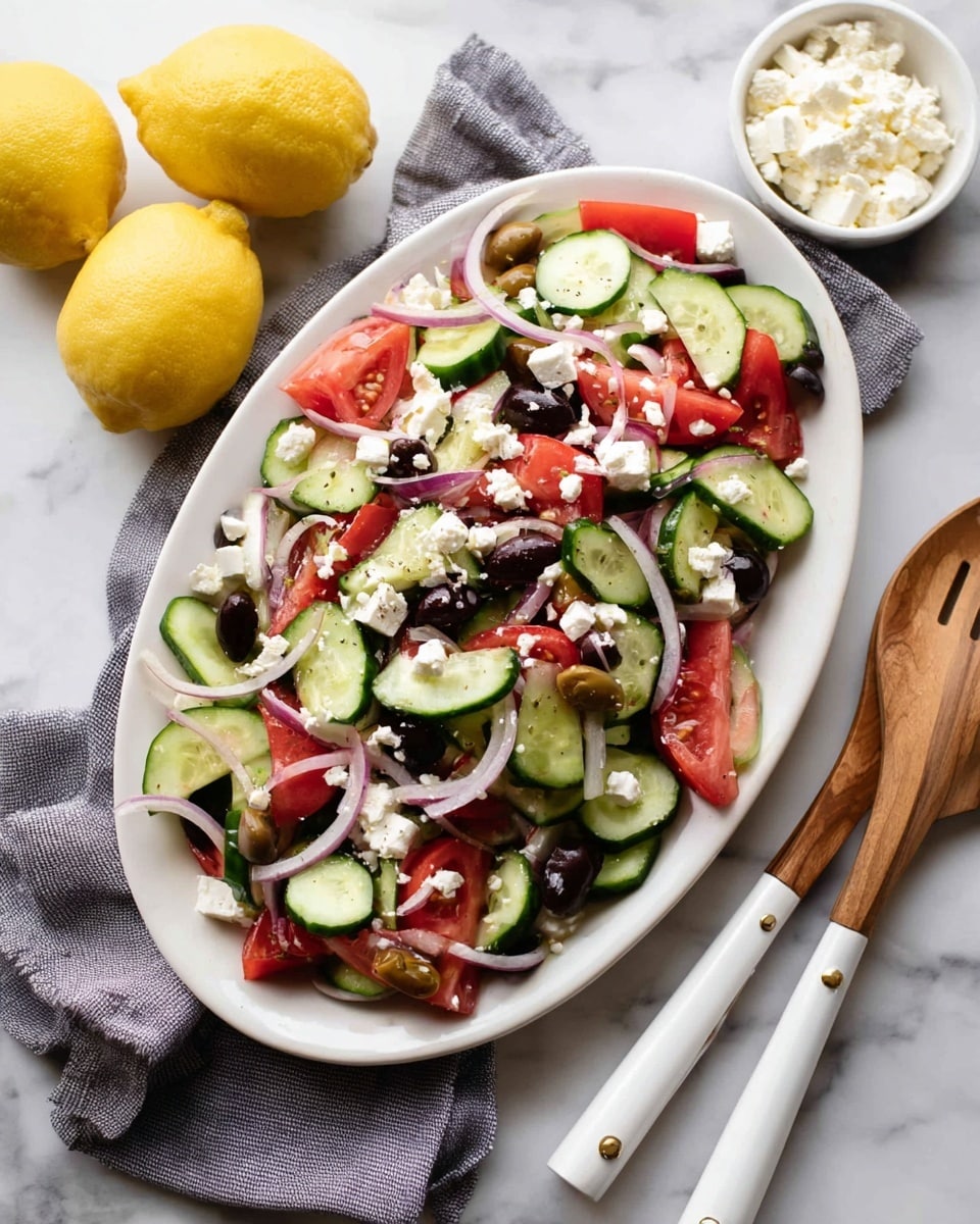 The image shows a fresh Greek salad served in a white oval plate on a white marbled surface. The salad has three main layers: base layer of green cucumber slices cut into thick half-moons, a middle layer of red tomato chunks, and a top layer sprinkled with small white cubes of feta cheese and sliced black olives. Thin strips of pale purple onion are scattered throughout the salad, adding a touch of color contrast. To the side of the plate, there are two whole yellow lemons and a small white bowl filled with more crumbled white cheese. A wooden salad spoon and fork with white handles rest beside the plate on a grey cloth. photo taken with an iphone --ar 4:5 --v 7