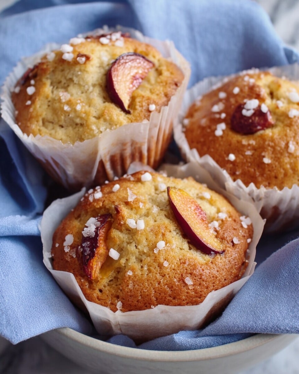The image shows three golden-brown muffins in white paper liners, each topped with small white sugar crystals and a few pieces of fruit with a reddish-purple skin and orange flesh embedded in the batter. The muffins have a slightly rough texture on top with cracks revealing the soft inside. They sit in a light blue cloth-lined white bowl, all placed on a white marbled surface. photo taken with an iphone --ar 4:5 --v 7