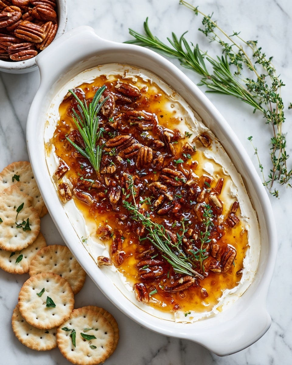 In a white oval dish, there is a creamy white cheese spread forming the bottom layer with a smooth texture, topped with a thick shiny amber-colored jam layer that covers most of the cheese. Scattered on top of the jam are small pieces of chopped pecans and fresh green rosemary sprigs. A woman's hand is holding a round cracker with some of the cheese, jam, and pecans on it, lifting it above the dish. The background surface is white marbled textured, and there are small white bowls and more crackers visible blurred in the background. photo taken with an iphone --ar 4:5 --v 7