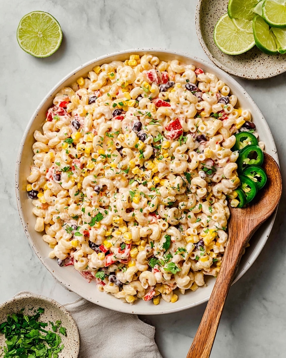 This dish is a creamy pasta salad served in a white bowl on a white marbled surface. The salad has around six layers: small elbow macaroni pasta coated in a smooth, light cream sauce, bright yellow corn kernels, black beans adding dark spots, red diced bell peppers, small purple onion pieces, and green chopped cilantro sprinkled evenly. On the side, there are three green jalapeño slices placed on top of the salad near the edge of the bowl. A wooden spoon is scooping up a portion of the salad, with some creamy sauce on the spoon's handle, adding texture contrast. The scene is well-lit, showing the rich, fresh colors and creamy textures clearly. photo taken with an iphone --ar 4:5 --v 7