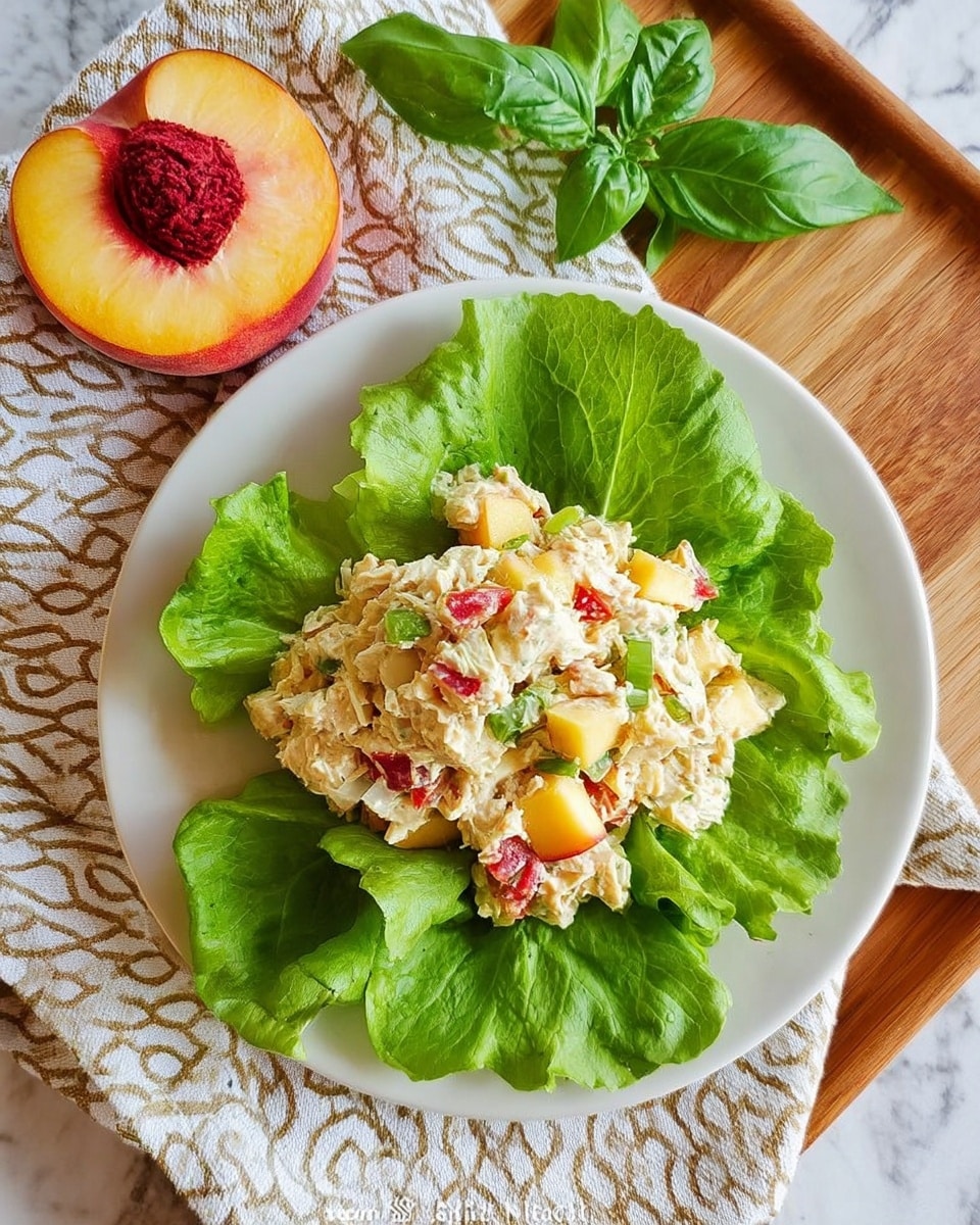 A sandwich sitting on a white plate with a white marbled background, with a soft tan bun on top and bottom. Inside the sandwich, there is a thick layer of creamy chicken salad mixed with small pieces of green celery, red bell pepper, and yellow fruit chunks. Beside the sandwich on the plate is a half peach, showing a deep red pit inside surrounded by yellow flesh, and two fresh green basil leaves placed near the peach. The plate rests on a turquoise cloth. Photo taken with an iphone --ar 4:5 --v 7