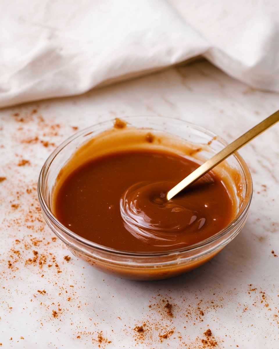 A clear glass bowl sits on a white marbled surface scattered with brown crumbs, filled with thick, smooth caramel sauce that is rich brown in color with a glossy texture. A gold spoon rests inside the bowl, partially submerged in the sauce, with the caramel forming a gentle swirl around it. In the background, there is a soft white cloth with some brown crumbs on it, adding a light contrast to the scene. The photo taken with an iphone --ar 4:5 --v 7