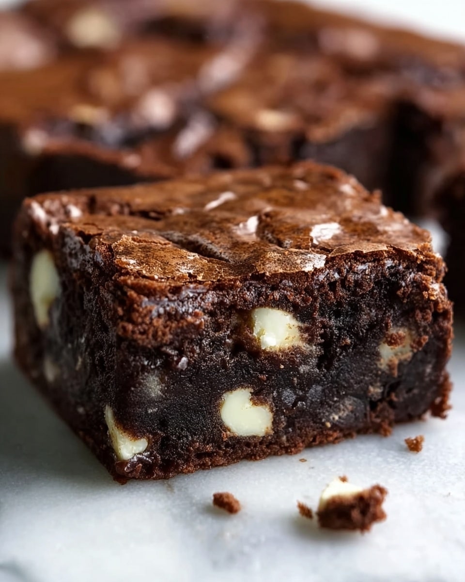 A close-up view of one thick, square brownie with a cracked, shiny dark brown top layer showing a rough texture. Inside, the dense, moist middle layer is very dark chocolate with several uneven white chocolate chunks scattered throughout, creating a contrast of white spots in the dark filling. The edges are firm and slightly crumbly, and a few small crumbs lie around on a white marbled surface. photo taken with an iphone --ar 4:5 --v 7