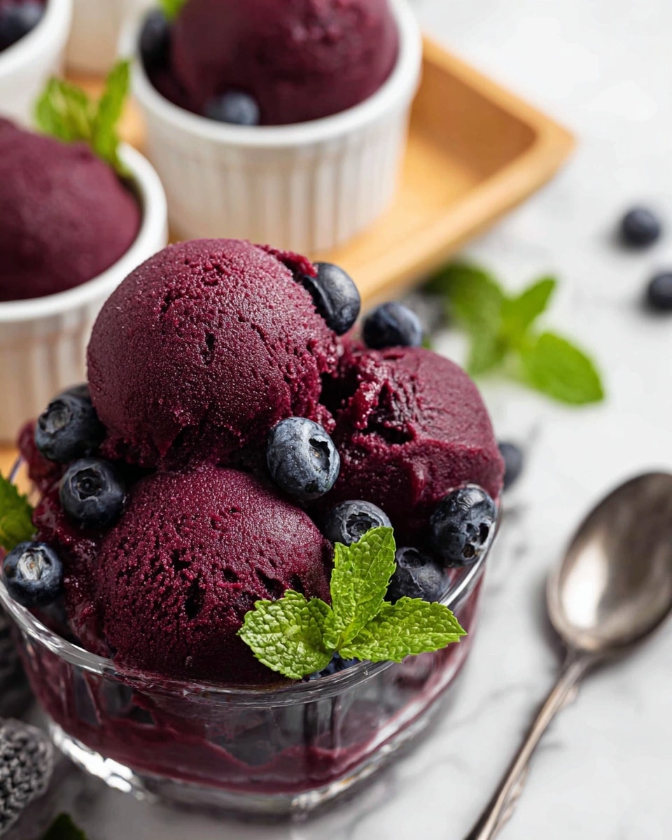 The image shows a close-up of deep purple blueberry sorbet scoops placed in a clear glass dish. There are about four rounded scoops with a smooth yet slightly textured surface. Fresh whole blueberries are scattered on top and around the sorbet, adding dark blue contrast. A few bright green mint leaves are also placed among the scoops and blueberries for color. In the background, there are white ramekins holding more sorbet scoops on a light wooden tray, all set on a white marbled surface. Photo taken with an iphone --ar 4:5 --v 7