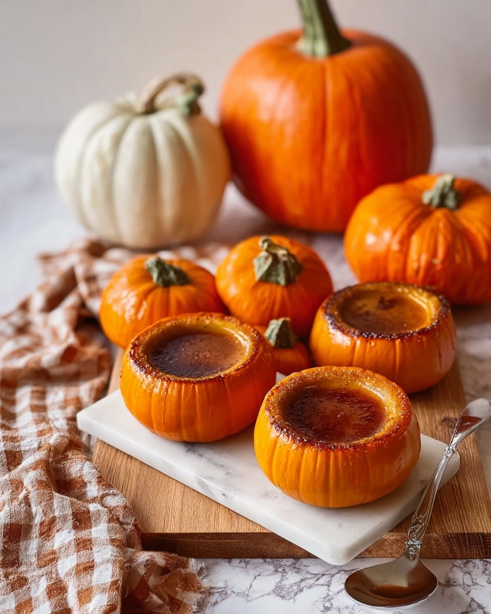 The image shows a wooden cutting board on a white marbled surface with a brown checkered cloth underneath. On the board, there are five small pumpkin-shaped tarts with a golden yellow crust and a dark caramelized top layer. The tarts are arranged in a scattered manner, with four orange mini pumpkins placed both on and around the tarts. The mini pumpkins have a smooth texture and a brown stem. The whole setting creates a warm autumn feeling. photo taken with an iphone --ar 4:5 --v 7