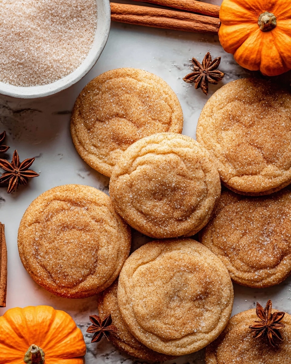 A group of soft, round cookies with a light-brown color and cracked, slightly textured tops are arranged closely on a flat surface with a white marbled texture. Each cookie is sprinkled lightly with sugar, giving a slight sparkle. Around the cookies are whole cinnamon sticks and star anise for decoration, along with bright orange mini pumpkins placed on the edges. To the left, there is a white bowl filled with a mixture of brown and white sugar visible at the rim. The scene creates a warm and cozy feeling, with natural light highlighting the soft texture of the cookies photo taken with an iphone --ar 4:5 --v 7