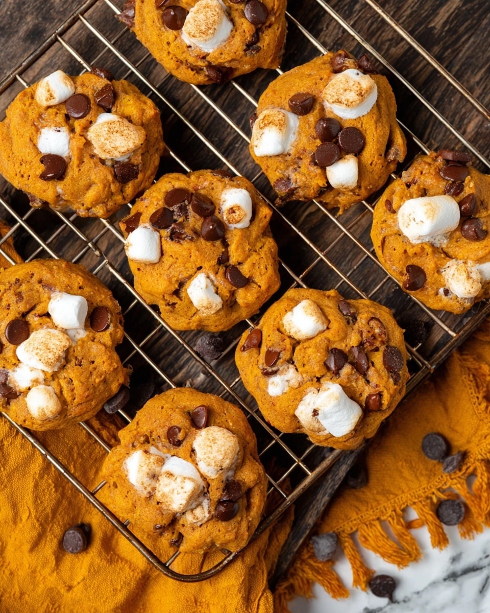 The image shows seven round pumpkin-colored cookies cooling on a silver metal rack placed on a dark wooden surface. Each cookie has a bumpy texture with small, melted chocolate chips scattered on top alongside white toasted marshmallow bits, some of which look slightly browned and melted into the cookie surface. The cookies appear soft and thick with an uneven edge. Near the bottom right corner, there is a fringed mustard-yellow cloth, and a few loose chocolate chips scattered around the rack. The background is a white marbled texture. photo taken with an iphone --ar 4:5 --v 7
