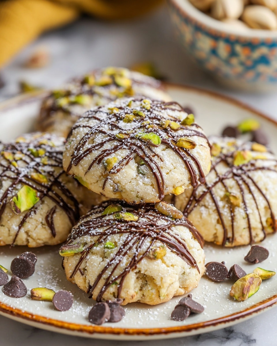 A close-up view of two layers of small round cookies on a white plate with a rustic brown rim, each cookie topped with thin, dark chocolate drizzles in a crisscross pattern and lightly dusted with powdered sugar. The cookies have a light golden color with visible bits of pistachio nuts inside, giving a textured look. Scattered around the plate are small dark chocolate chips and whole pistachio nuts adding color contrast. The background is a soft focus of a white marbled surface and a blurred bowl with a white and blue pattern, filled with pistachios. photo taken with an iphone --ar 4:5 --v 7