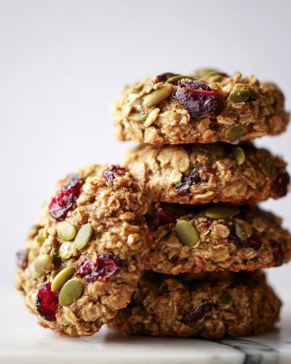 A close-up view of a stack of four round oatmeal cookies placed on a white marbled surface, each cookie showing a rough texture filled with green pumpkin seeds and dark red dried cranberries embedded throughout. The front cookie leans slightly forward, clearly showing the chewy oatmeal base with visible oats and seeds spread evenly, creating a rustic and wholesome look. The background is a plain white, making the earthy tones of the cookies stand out. photo taken with an iphone --ar 4:5 --v 7
