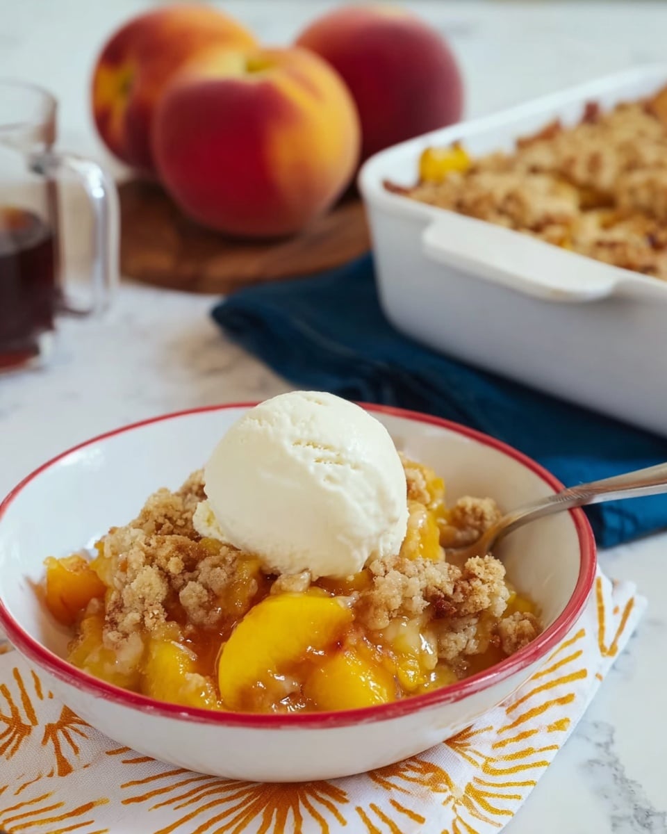 A white bowl filled with a peach cobbler dish placed on a soft beige cloth over a white marbled surface. The cobbler has a mix of golden-brown biscuit-like layers that are rough and crumbly, sitting on top of bright orange and yellow cooked peach slices that look juicy and glossy. The biscuit parts are unevenly placed, with some pieces broken and some whole, soaking slightly in a shiny peach syrup that pools mildly at the bottom of the bowl. photo taken with an iphone --ar 4:5 --v 7