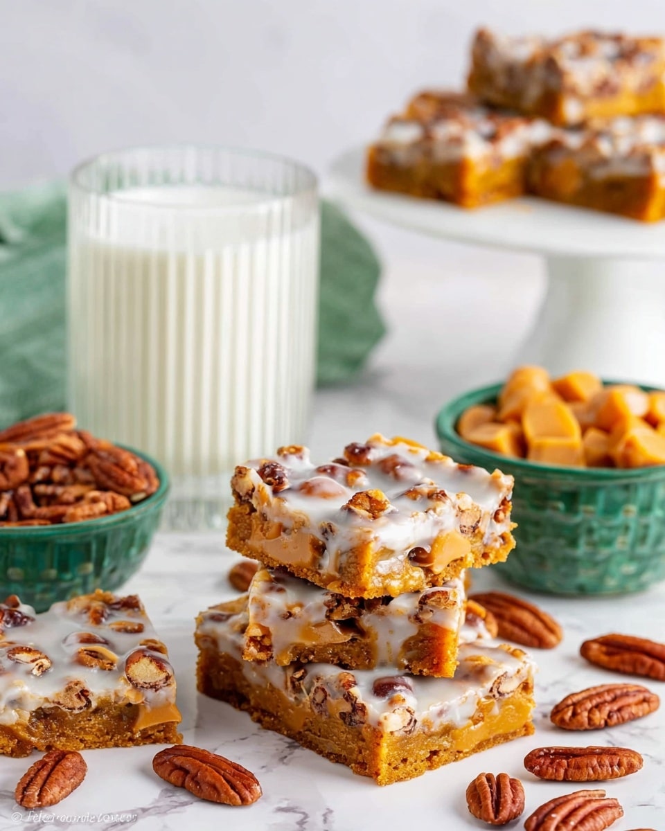 The image shows a stack of square dessert bars arranged on a white marbled surface. Each bar has three visible layers: a dense golden brown base, a middle layer filled with caramel-colored butterscotch chips and pecan nuts, and a glossy top layer drizzled with white icing glaze that holds mixed pecan pieces evenly spread across. Scattered pecans and butterscotch chips surround the bars. In the background, a clear ribbed glass filled with milk stands toward the center, with green bowls containing butterscotch chips and caramel sauce behind it. More bars are stacked on a white cake stand in the upper right corner. The photo taken with an iphone --ar 4:5 --v 7